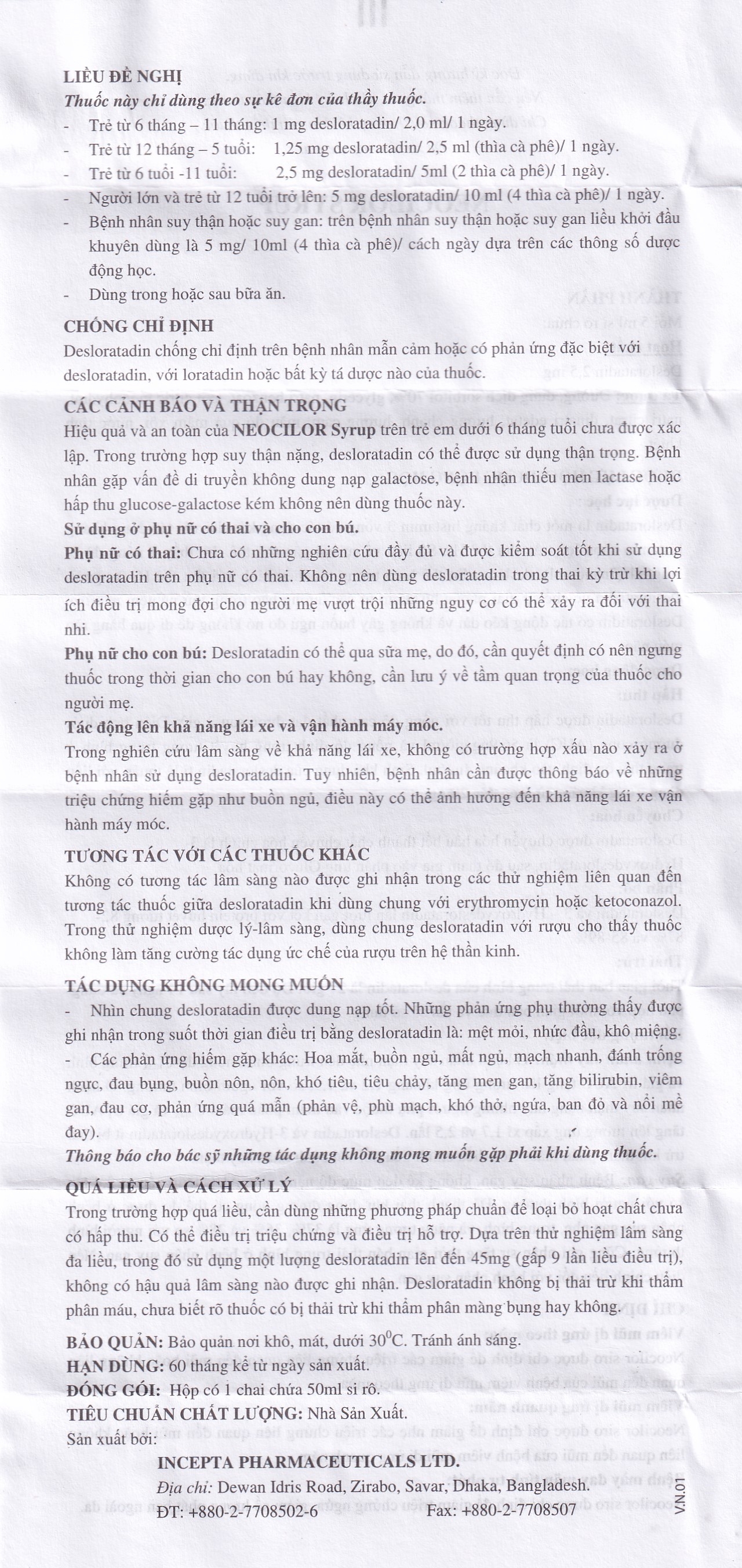 Siro Neocilor Incepta điều trị viêm mũi dị ứng, mày đay (50ml) 