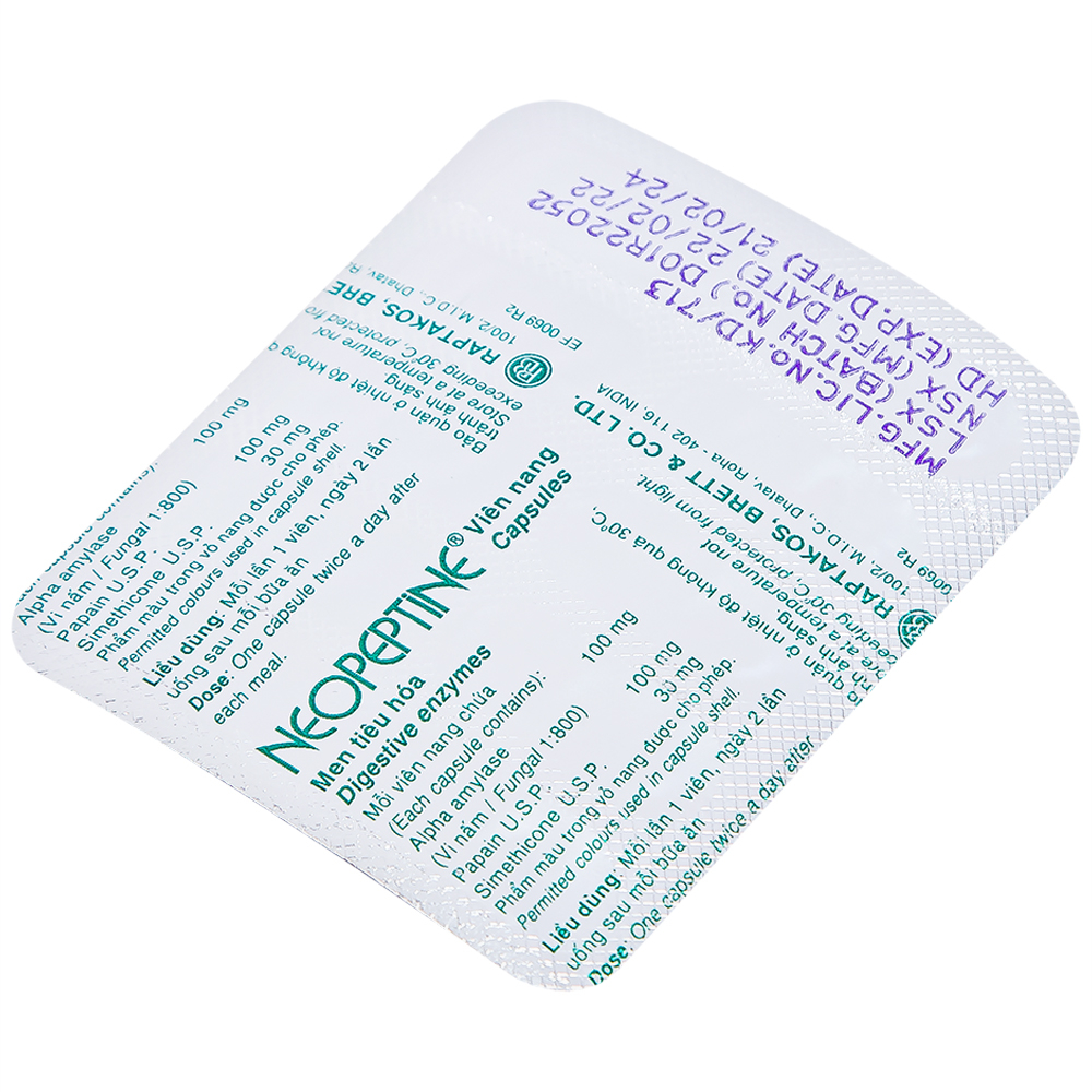 Men tiêu hóa Neopeptine Raptakos hỗ trợ điều trị đầy hơi, khó tiêu, biếng ăn (10 vỉ x 10 viên) 