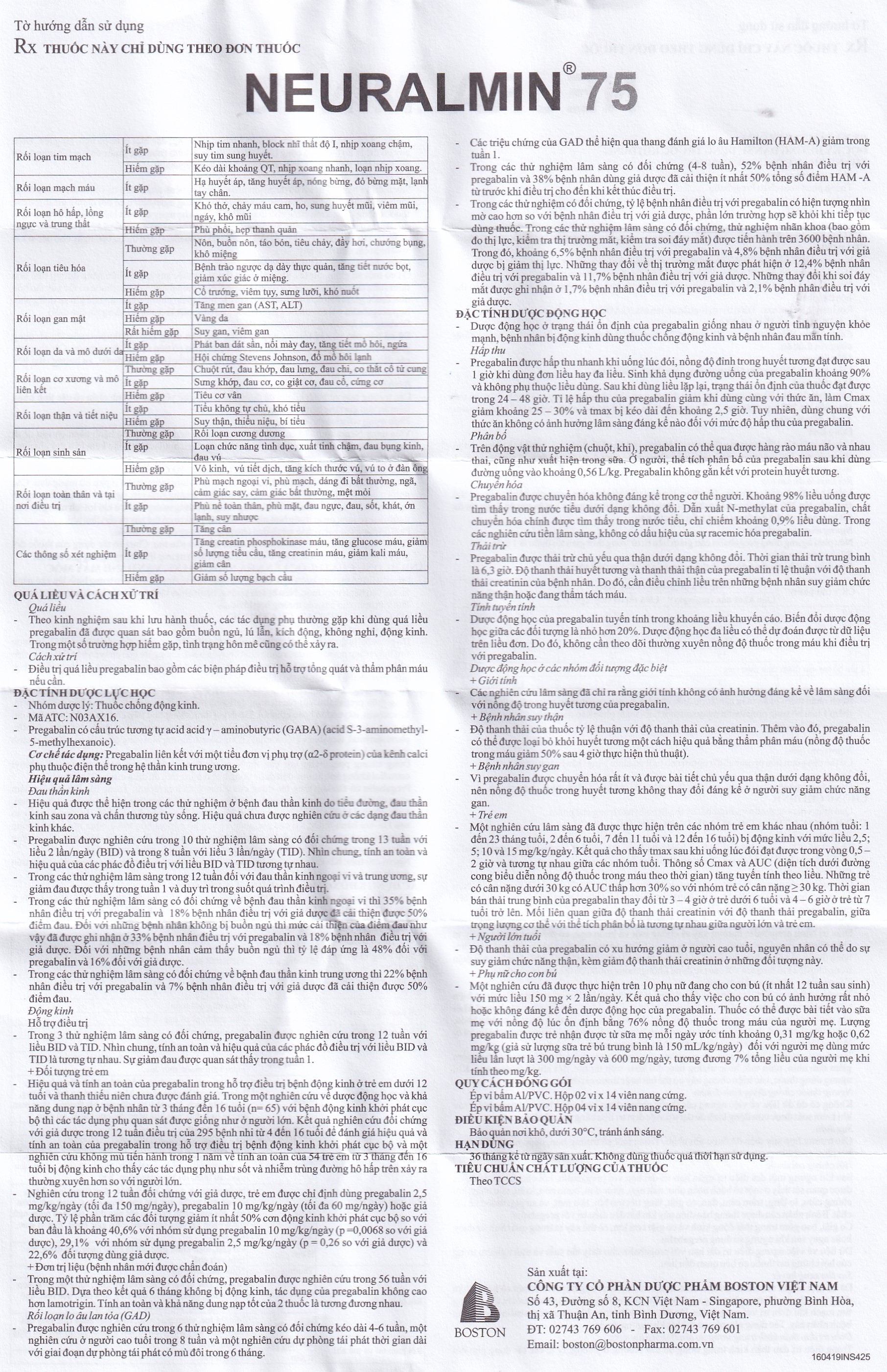 Viên nang cứng Neuralmin 75 Boston Pharma điều trị đau thần kinh, động kinh, rối loạn lo âu (2 vỉ x 14 viên)