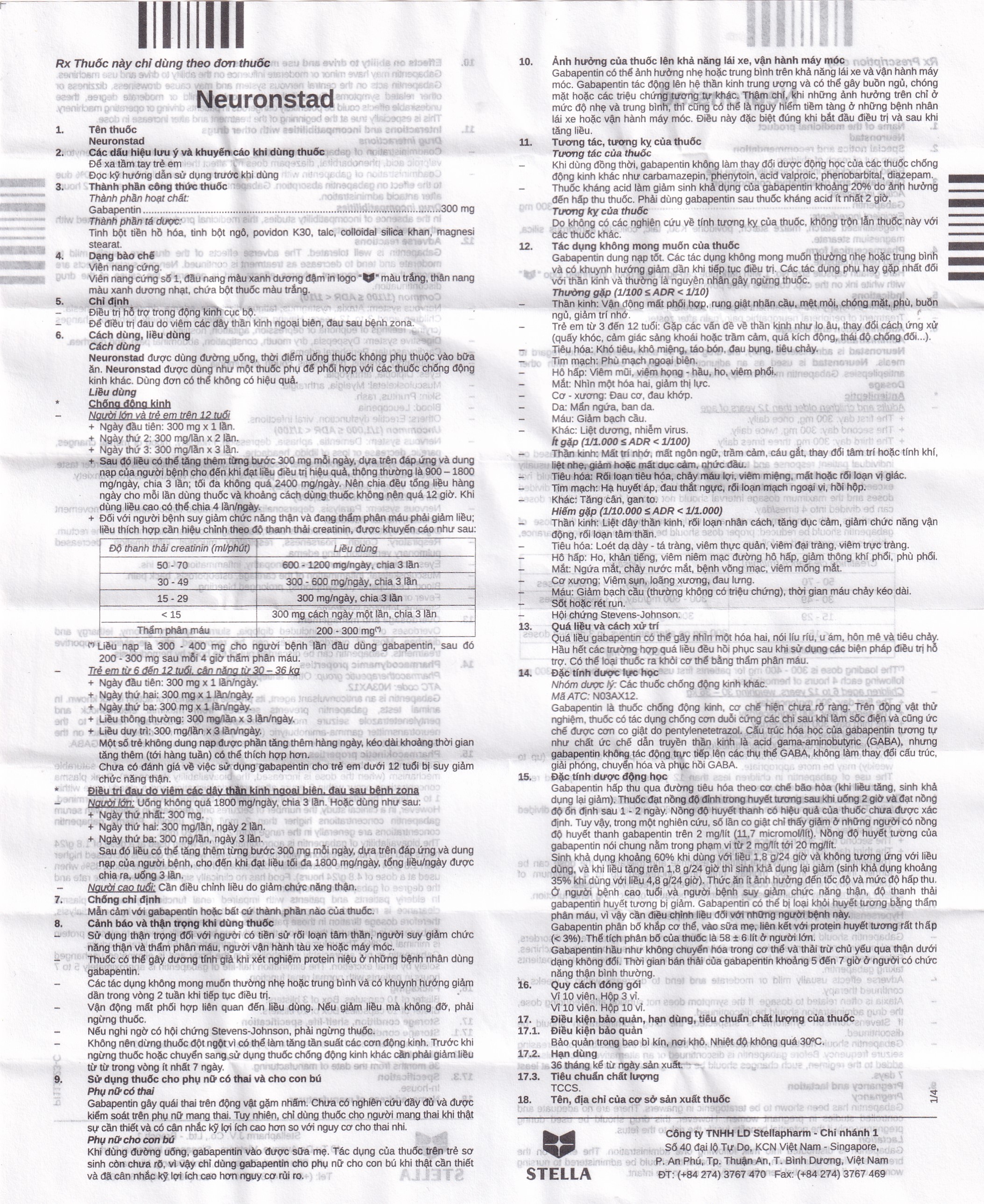 Thuốc Neuronstad 300mg Stella điều trị hỗ trợ động kinh cục bộ (10 vỉ x 10 viên)