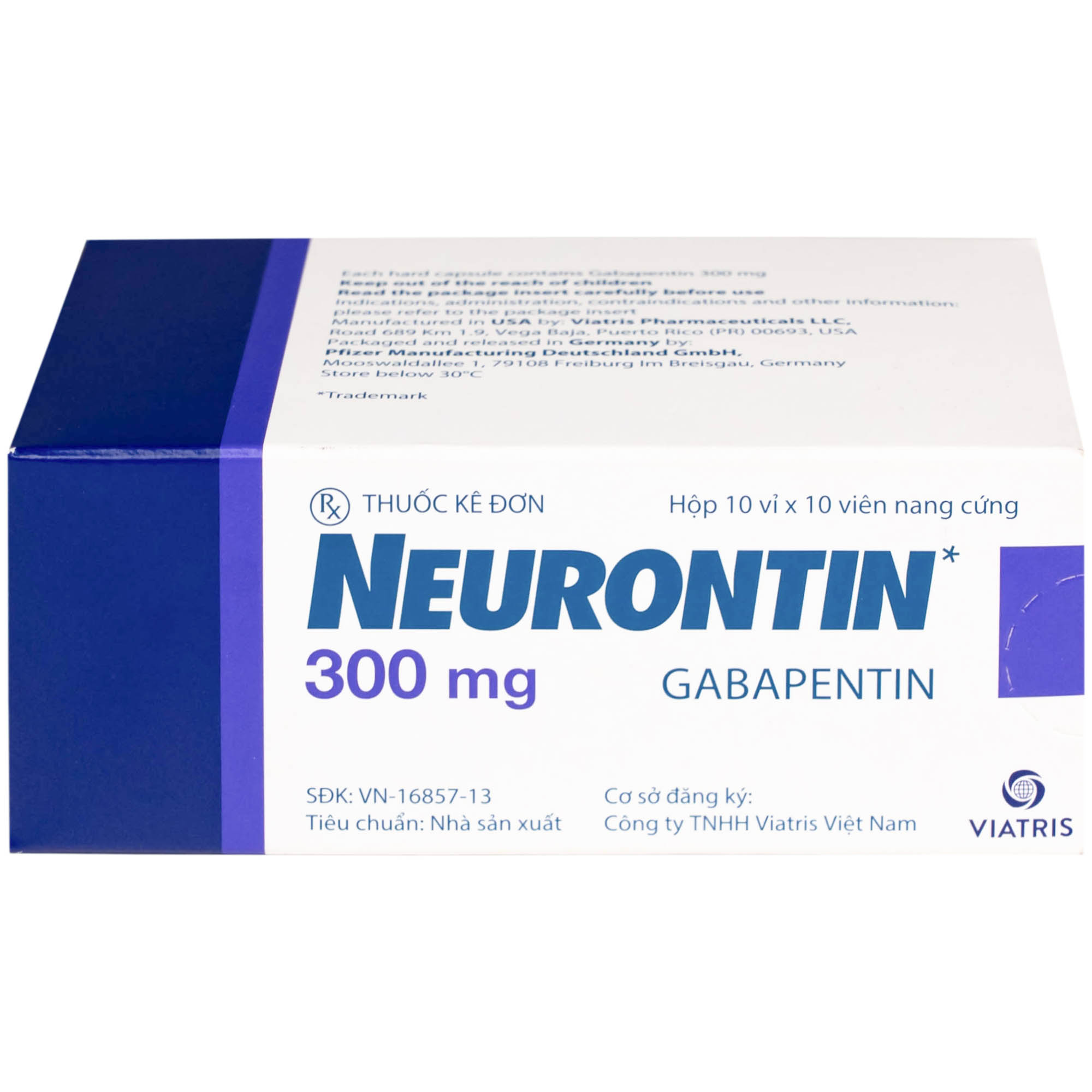Viên nang cứng Neurontin 300mg VIATRIS điều trị hỗ trợ trong động kinh cục bộ (10 vỉ x 10 viên)