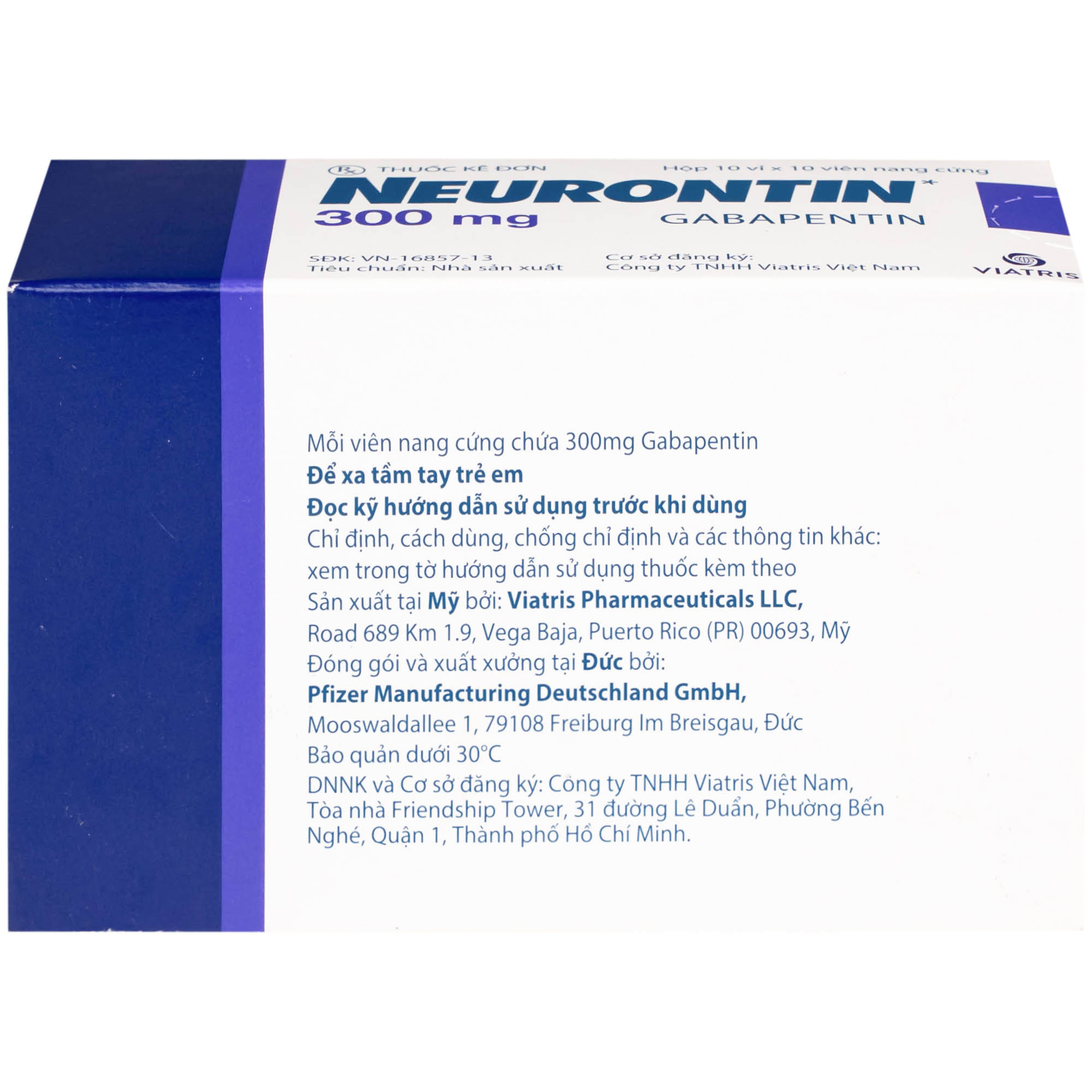 Viên nang cứng Neurontin 300mg VIATRIS điều trị hỗ trợ trong động kinh cục bộ (10 vỉ x 10 viên)