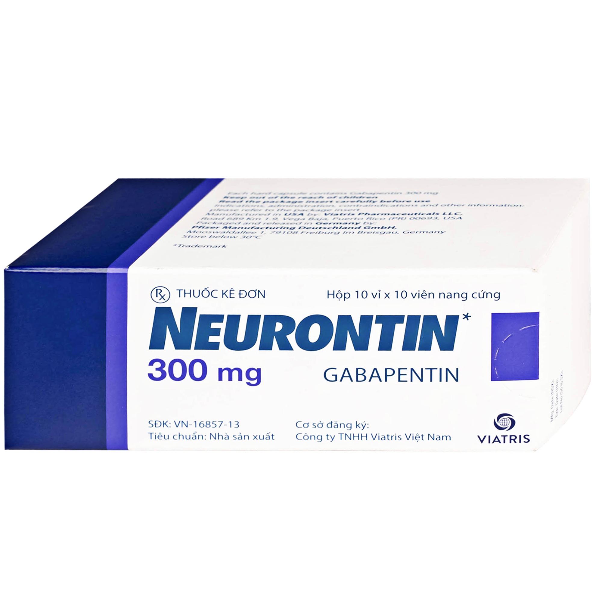 Viên nang cứng Neurontin 300mg VIATRIS điều trị hỗ trợ trong động kinh cục bộ (10 vỉ x 10 viên)