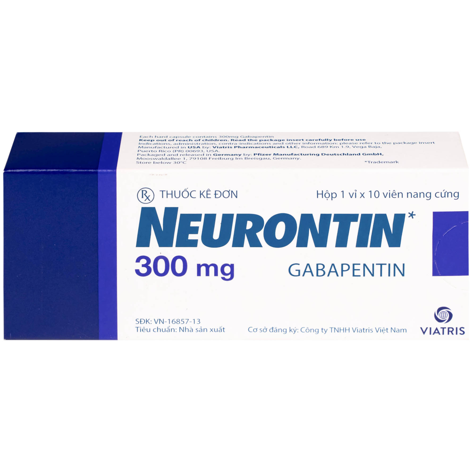 Thuốc Neurontin 300mg VIATRIS điều trị bệnh động kinh và đau dây thần kinh (1 vỉ x 10 viên)
