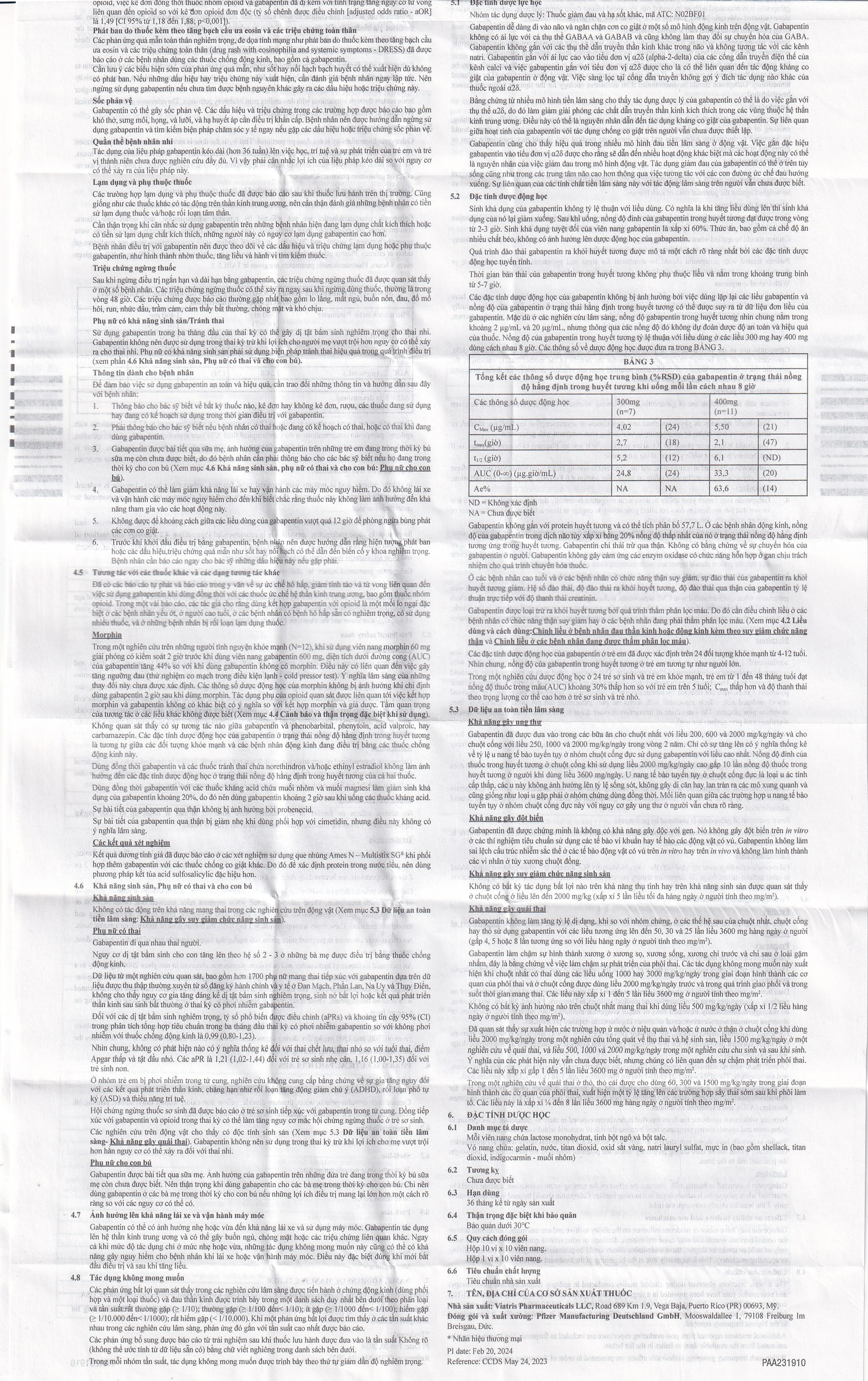 Thuốc Neurontin 300mg VIATRIS điều trị bệnh động kinh và đau dây thần kinh (1 vỉ x 10 viên)