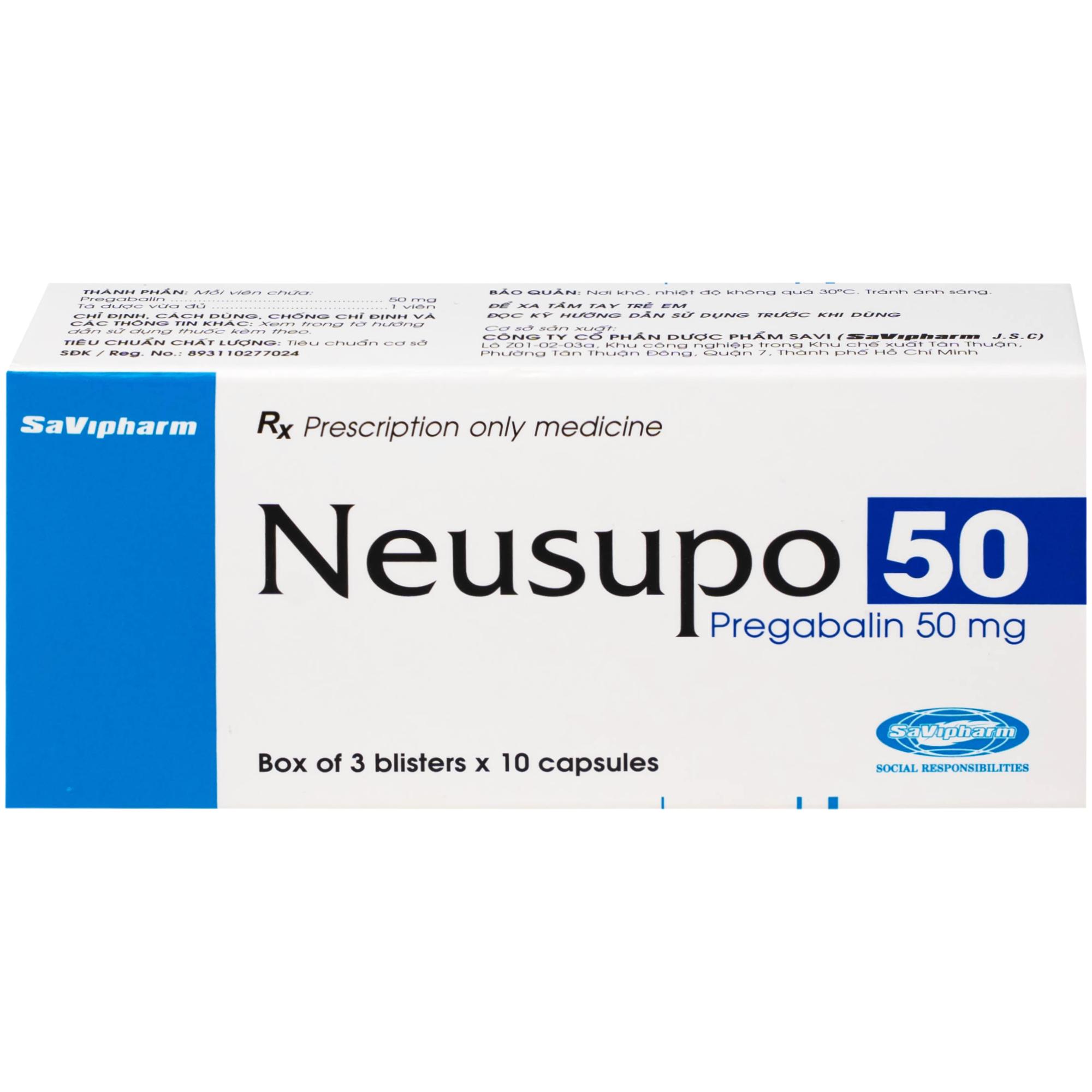 Thuốc Neusupo 50mg Savipharm đau thần kinh, lo âu lan tỏa, đau cơ xơ hóa, hỗ trợ động kinh cục bộ (3 vỉ x 10 viên)