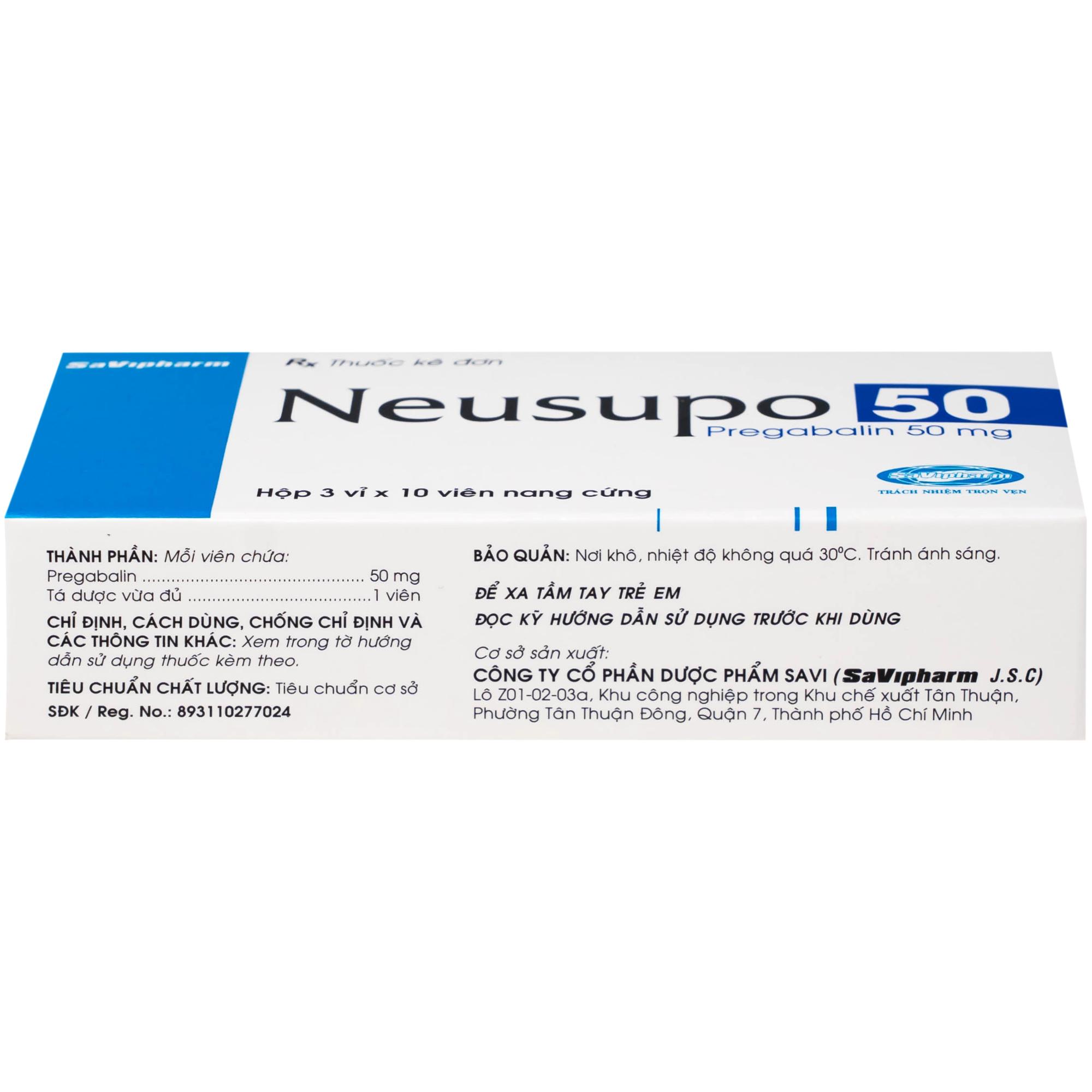 Thuốc Neusupo 50mg Savipharm đau thần kinh, lo âu lan tỏa, đau cơ xơ hóa, hỗ trợ động kinh cục bộ (3 vỉ x 10 viên)