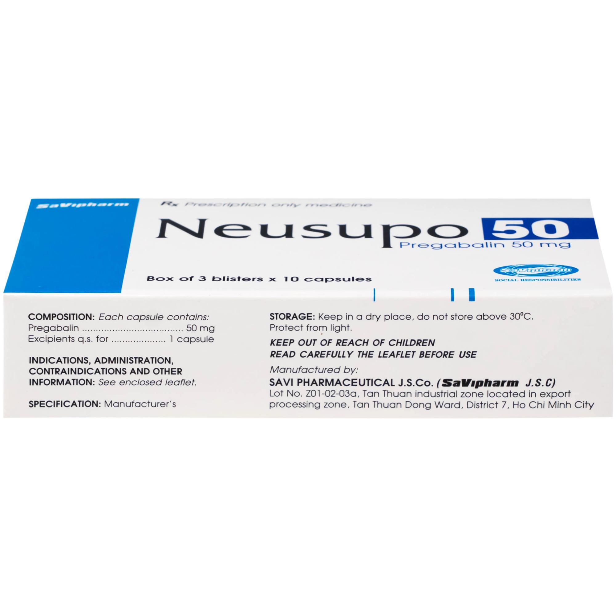 Thuốc Neusupo 50mg Savipharm đau thần kinh, lo âu lan tỏa, đau cơ xơ hóa, hỗ trợ động kinh cục bộ (3 vỉ x 10 viên)