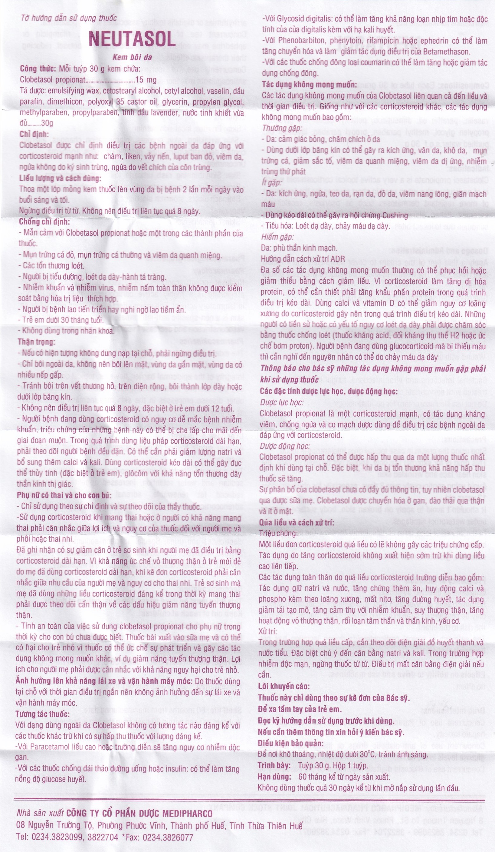 Kem bôi da Neutasol Medipharco điều trị chàm, liken, vảy nến, lupus ban đỏ (30g)