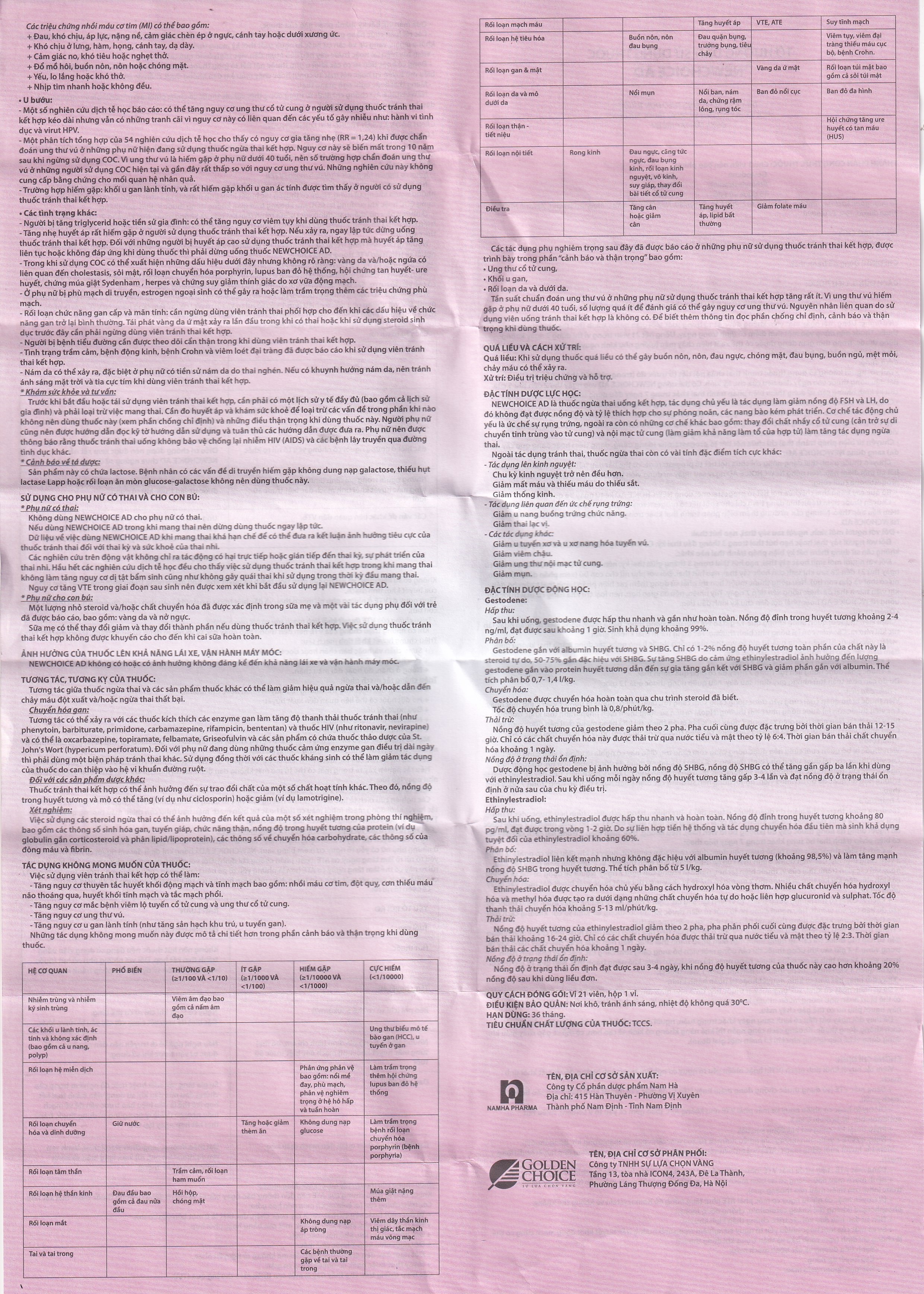 Thuốc tránh thai hàng ngày New Choice AD Advanced Formula Nam Hà (1 vỉ x 21 viên)