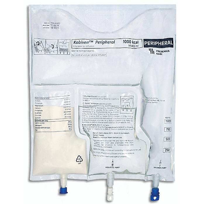 Nhũ tương truyền tĩnh mạch Kabiven Peripheral 1000kcal Fresenius Kabi gồm glucose, acid amin, intralipid (1440ml)