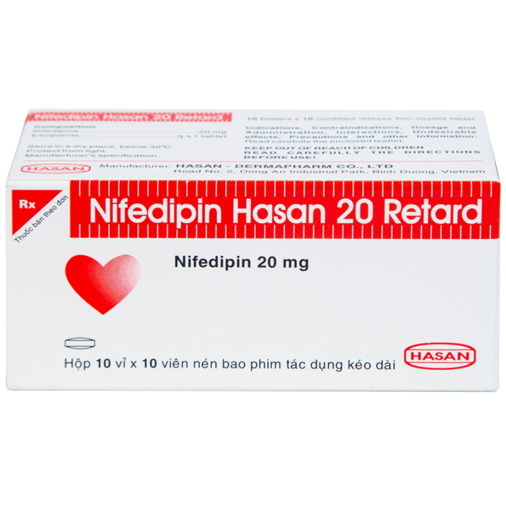 Viên nén Nifedipin Hasan 20 Retard Hasan điều trị tăng huyết áp (10 vỉ x 10 viên)