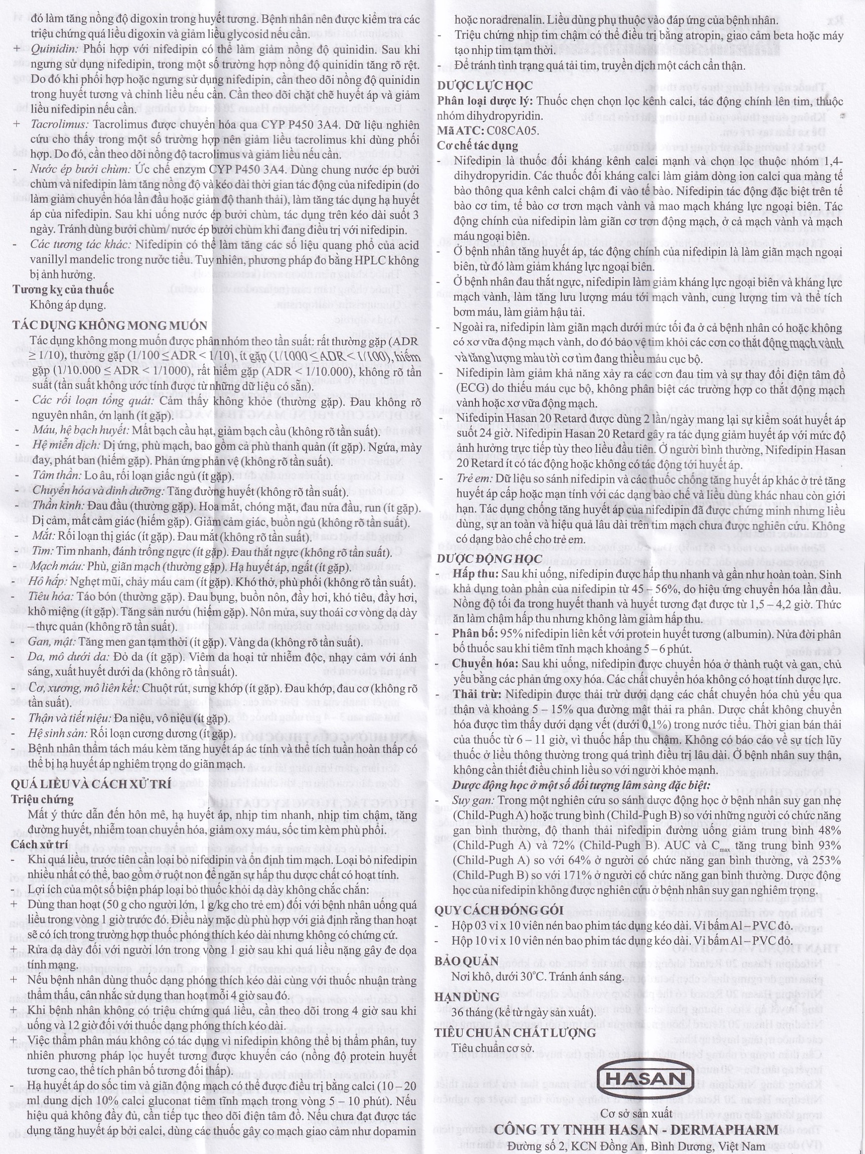 Viên nén Nifedipin Hasan 20 Retard Hasan điều trị tăng huyết áp (10 vỉ x 10 viên)