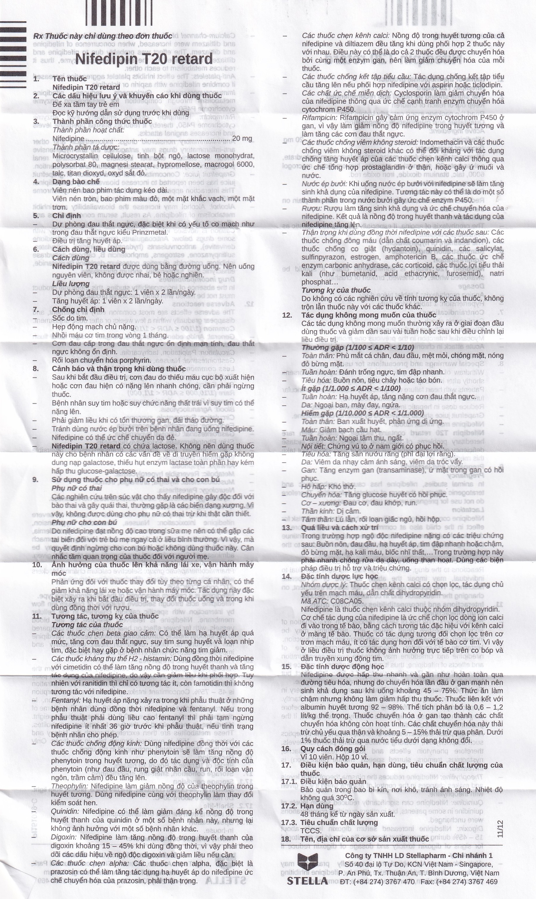 Viên nén Nifedipin T20 retard Stella dự phòng đau thắt ngực, điều trị tăng huyết áp (10 vỉ x 10 viên) 