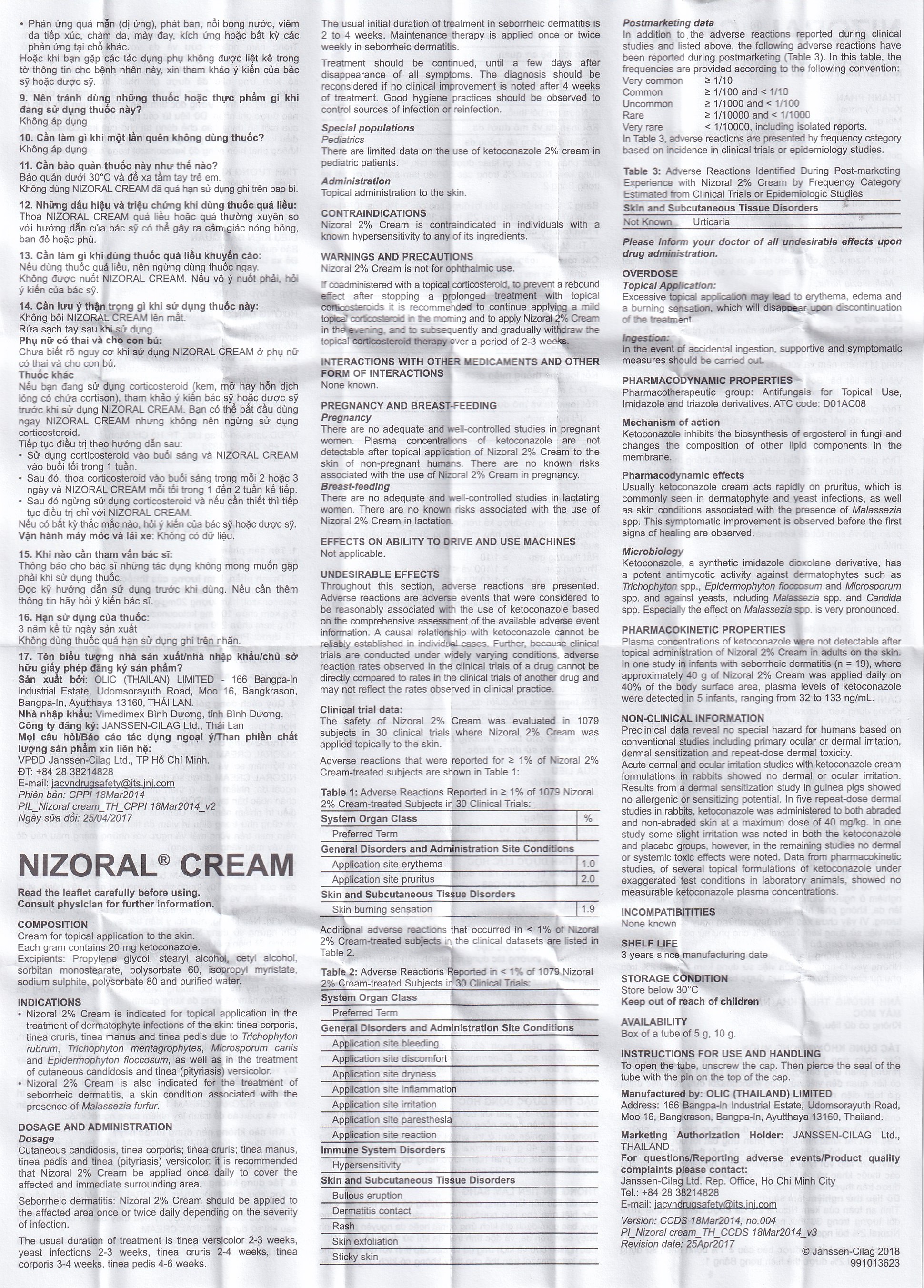 Kem bôi da Nizoral Cream Janssen điều trị nấm ngoài da, lang ben (10g)