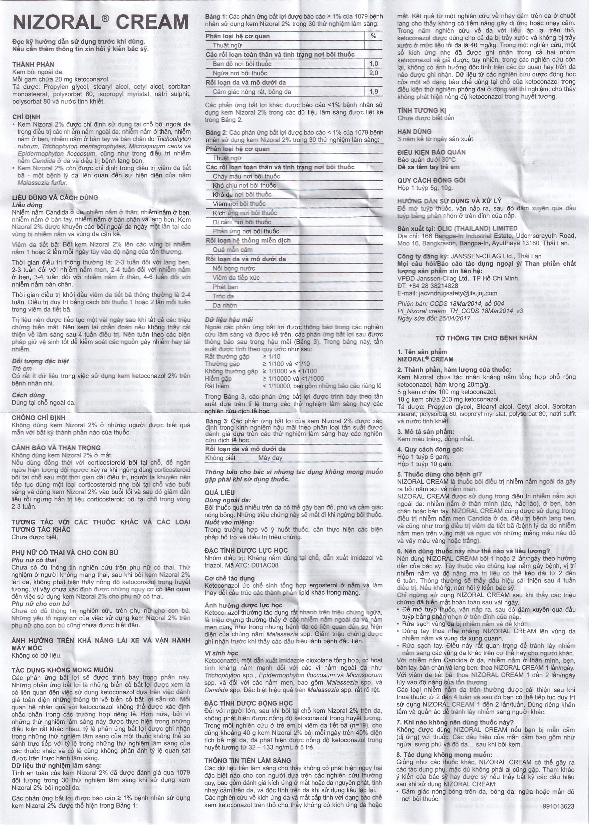 Kem bôi da Nizoral Cream Janssen điều trị nấm ngoài da, lang ben (10g)