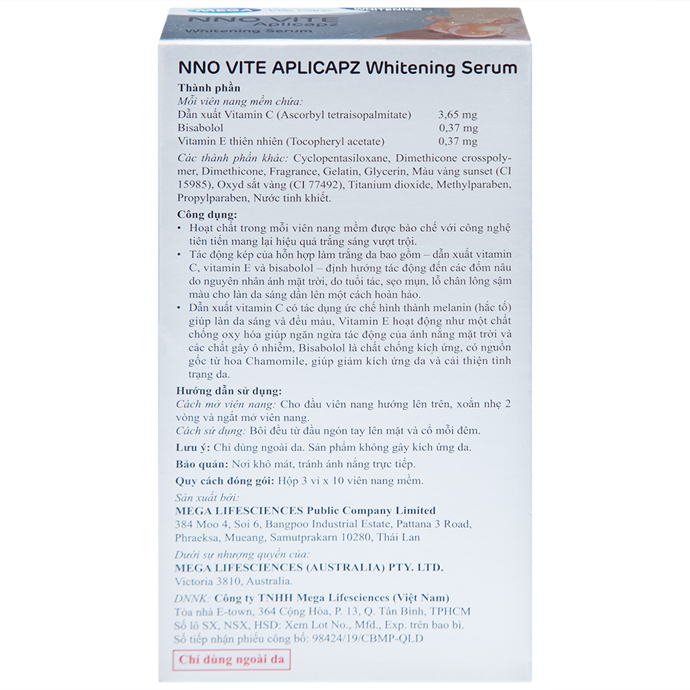 Tinh chất dưỡng da, ngừa lão hóa NNO Vite Aplicapz Whitening Serum Mega 3x10