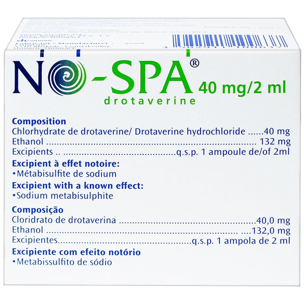 Dung dịch tiêm No-Spa 40mg/2ml Sanofi chống co thắt cơ, điều trị sỏi túi mật, sỏi ống mật (5 vỉ x 5 ống x 2ml)