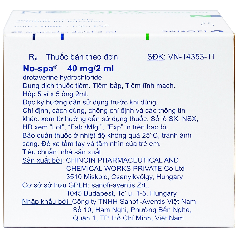Dung dịch tiêm No-Spa 40mg/2ml Sanofi chống co thắt cơ, điều trị sỏi túi mật, sỏi ống mật (5 vỉ x 5 ống x 2ml)