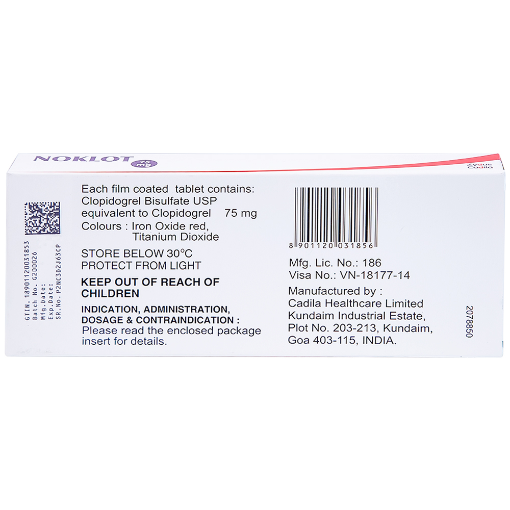 Viên nén Noklot 75mg Cadila phòng ngừa tai biến xơ vữa động mạch (3 vỉ x 10 viên)