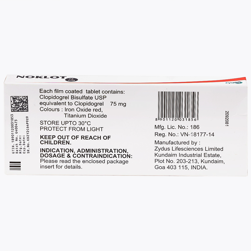 Thuốc Noklot 75mg Zydus phòng ngừa biến cố xơ vữa động mạch (3 vỉ x 10 viên)