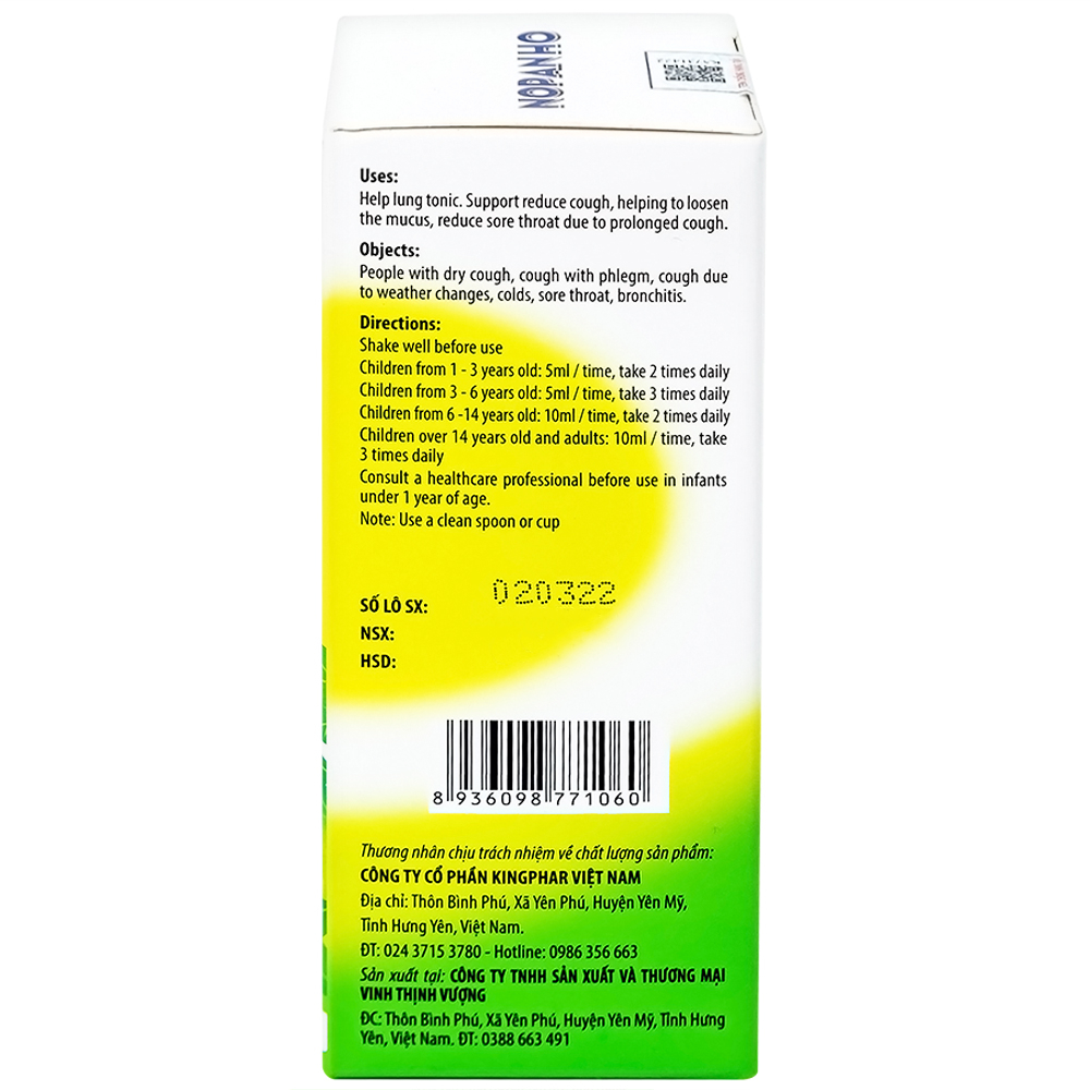 Siro giúp bổ phế, hạn chế ho nhiều, loãng đờm, giảm đau rát họng do ho Nopanho Kingphar (125ml)