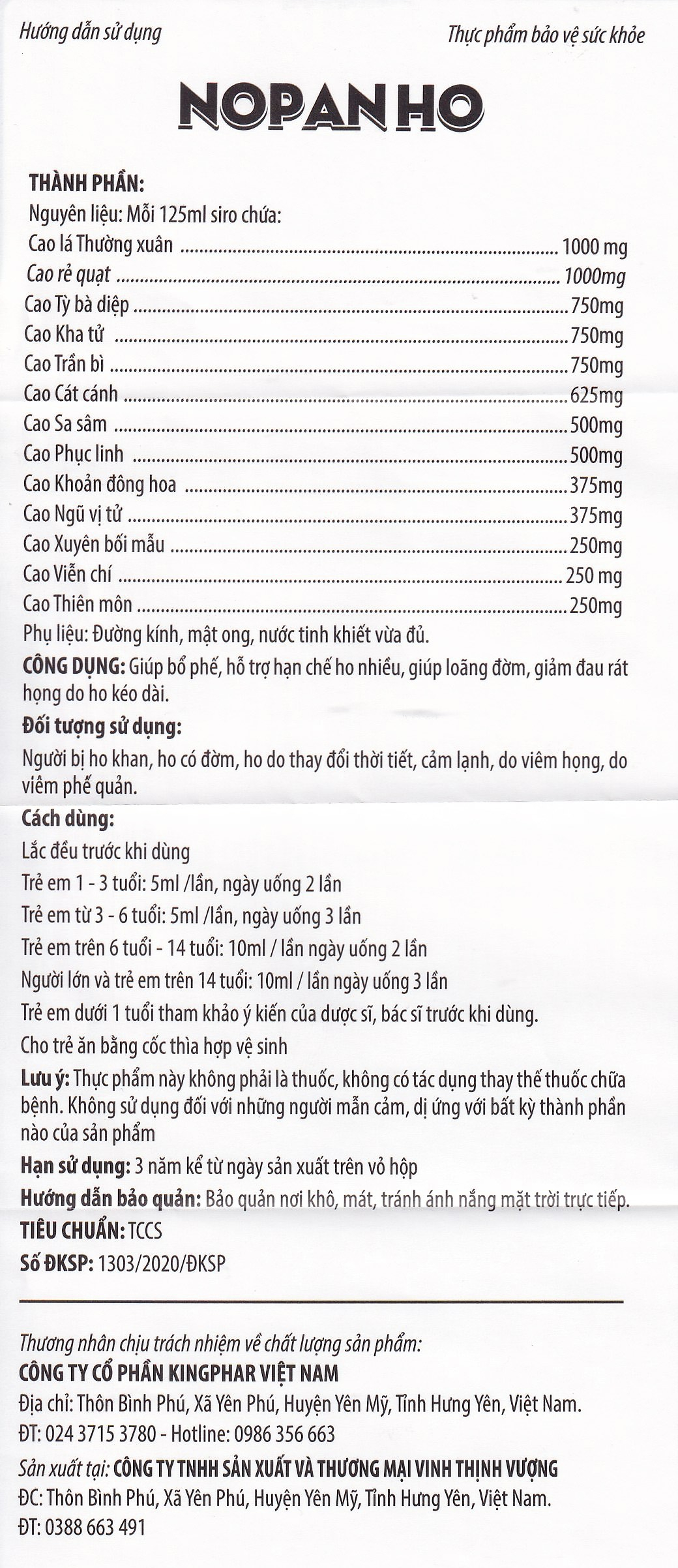 Siro giúp bổ phế, hạn chế ho nhiều, loãng đờm, giảm đau rát họng do ho Nopanho Kingphar (125ml)