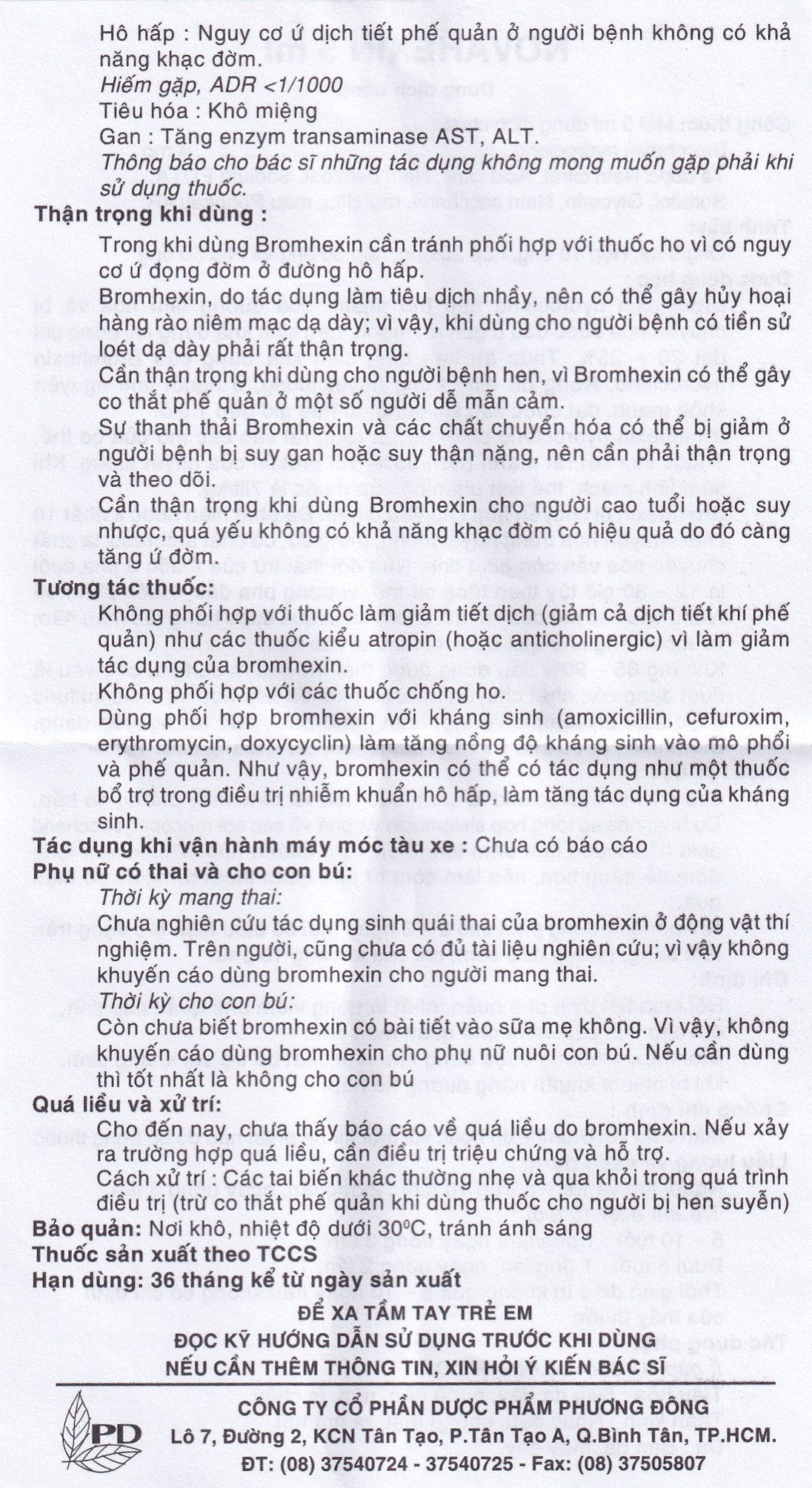 Dung dịch uống Novahexin 4mg Phương Đông điều trị rối loạn tiết dịch phế quản (30 ống x 5ml)