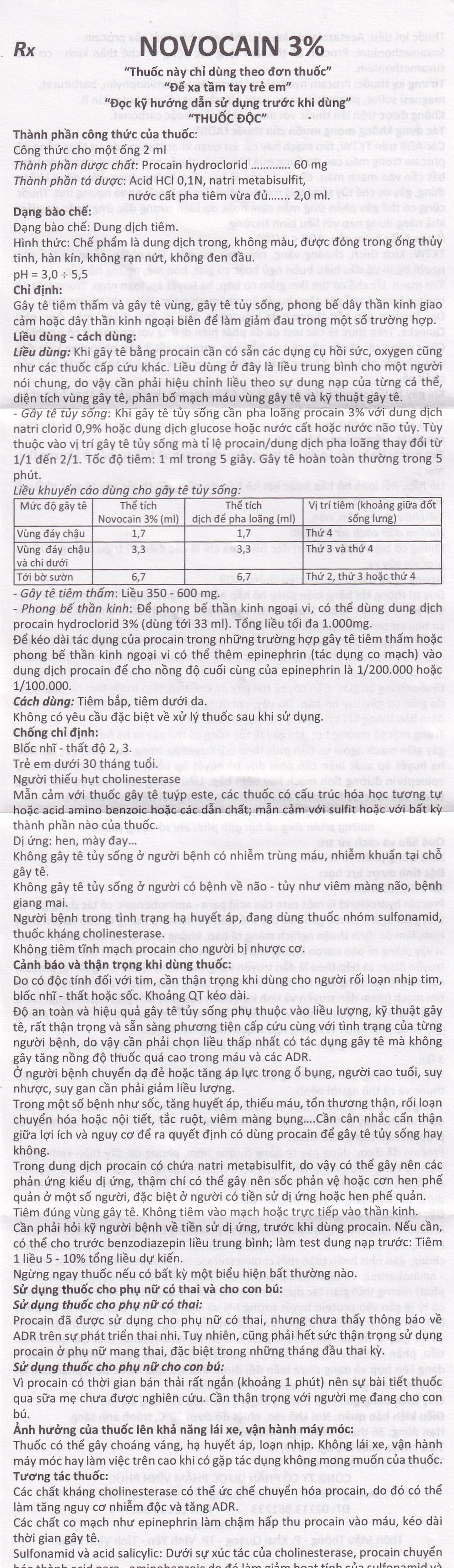 Dung dịch tiêm Novocain 3% Vinphaco gây tê tiêm thấm, gây tê vùng, gây tê tủy sống (100 ống x 2ml) 