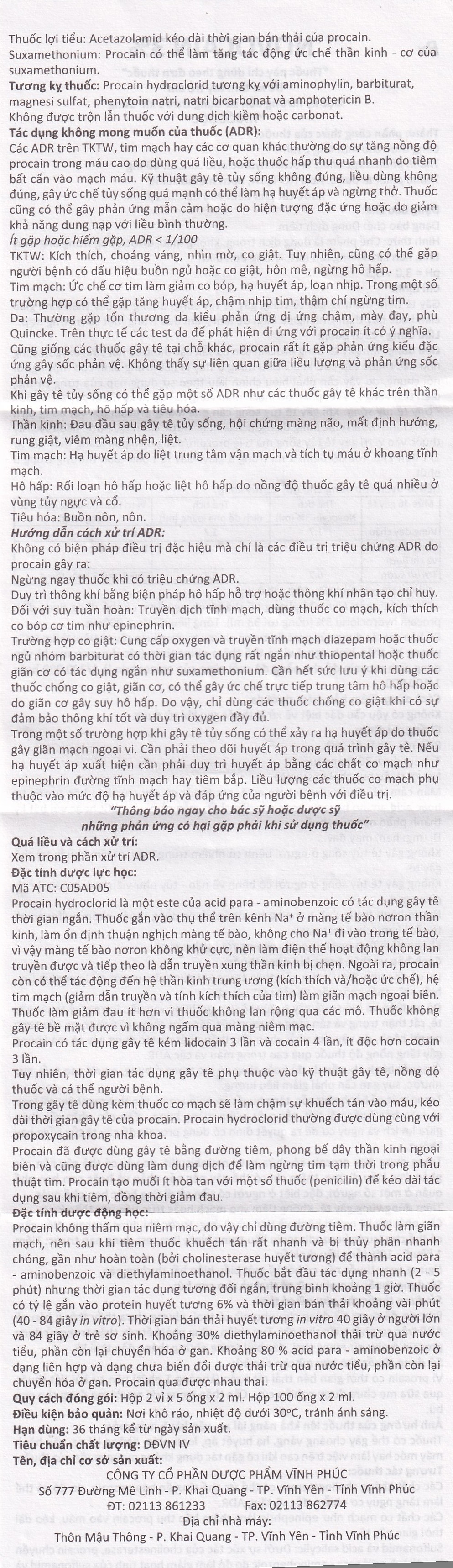 Dung dịch tiêm Novocain 3% Vinphaco gây tê tiêm thấm, gây tê vùng, gây tê tủy sống (100 ống x 2ml) 