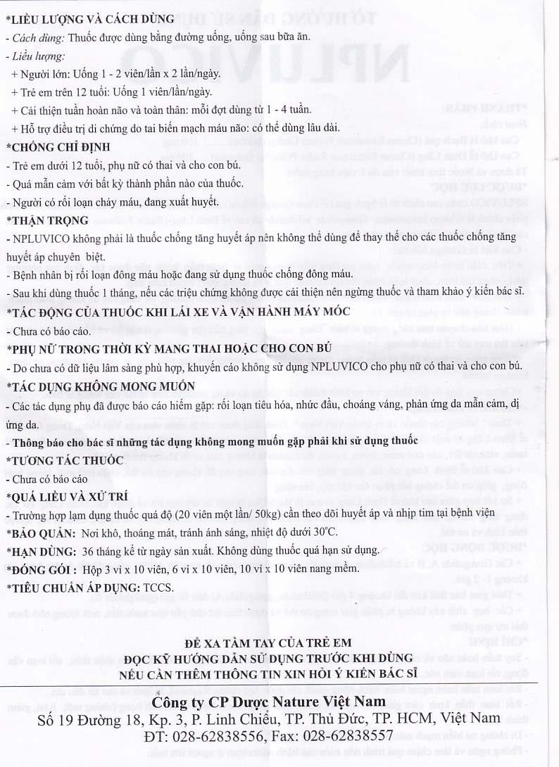 Thuốc Npluvico Nature điều trị suy tuần hoàn não (6 vỉ x 10 viên)