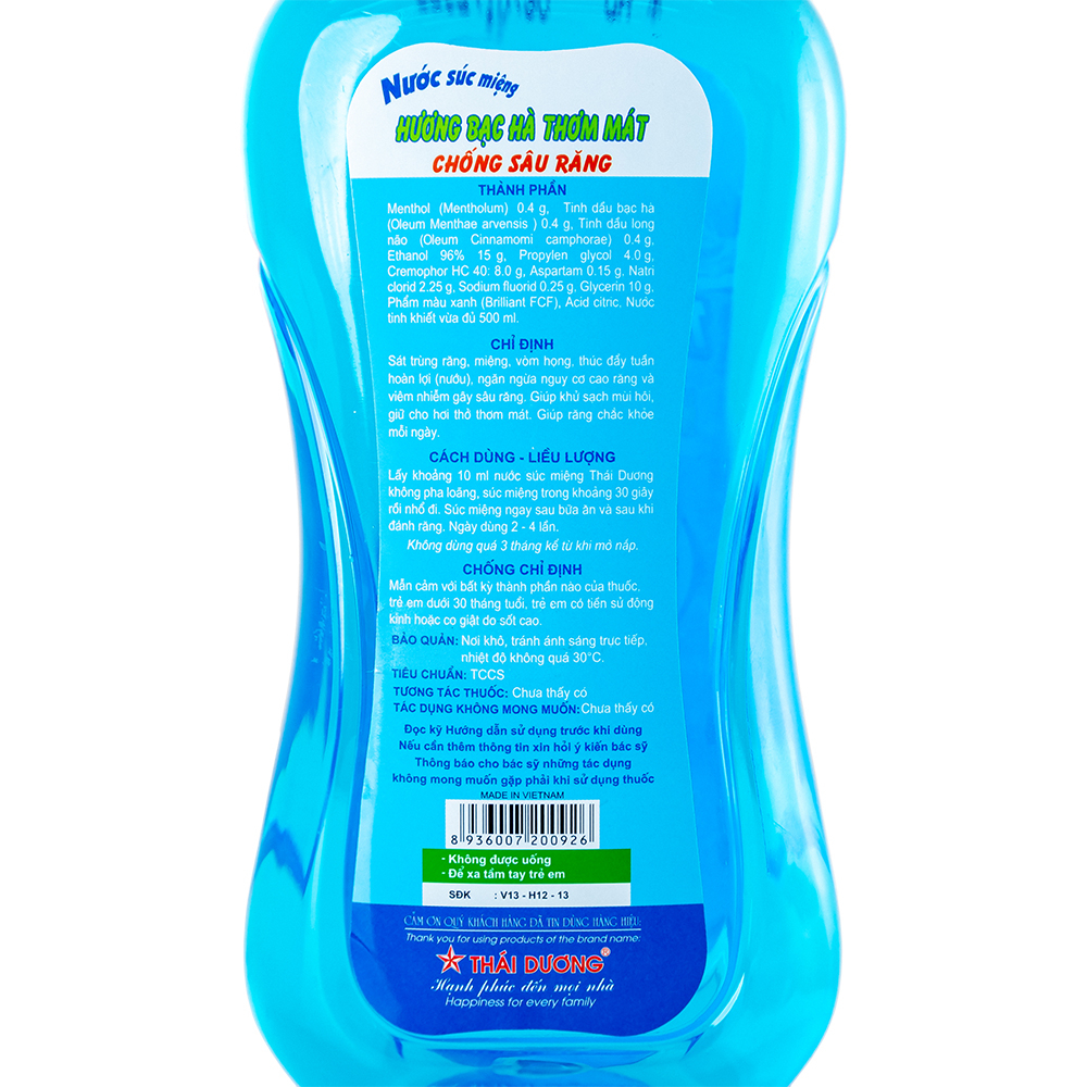 Nước súc miệng Thái Dương hương bạc hà, sát trùng răng, miệng, vòm họng (500ml)