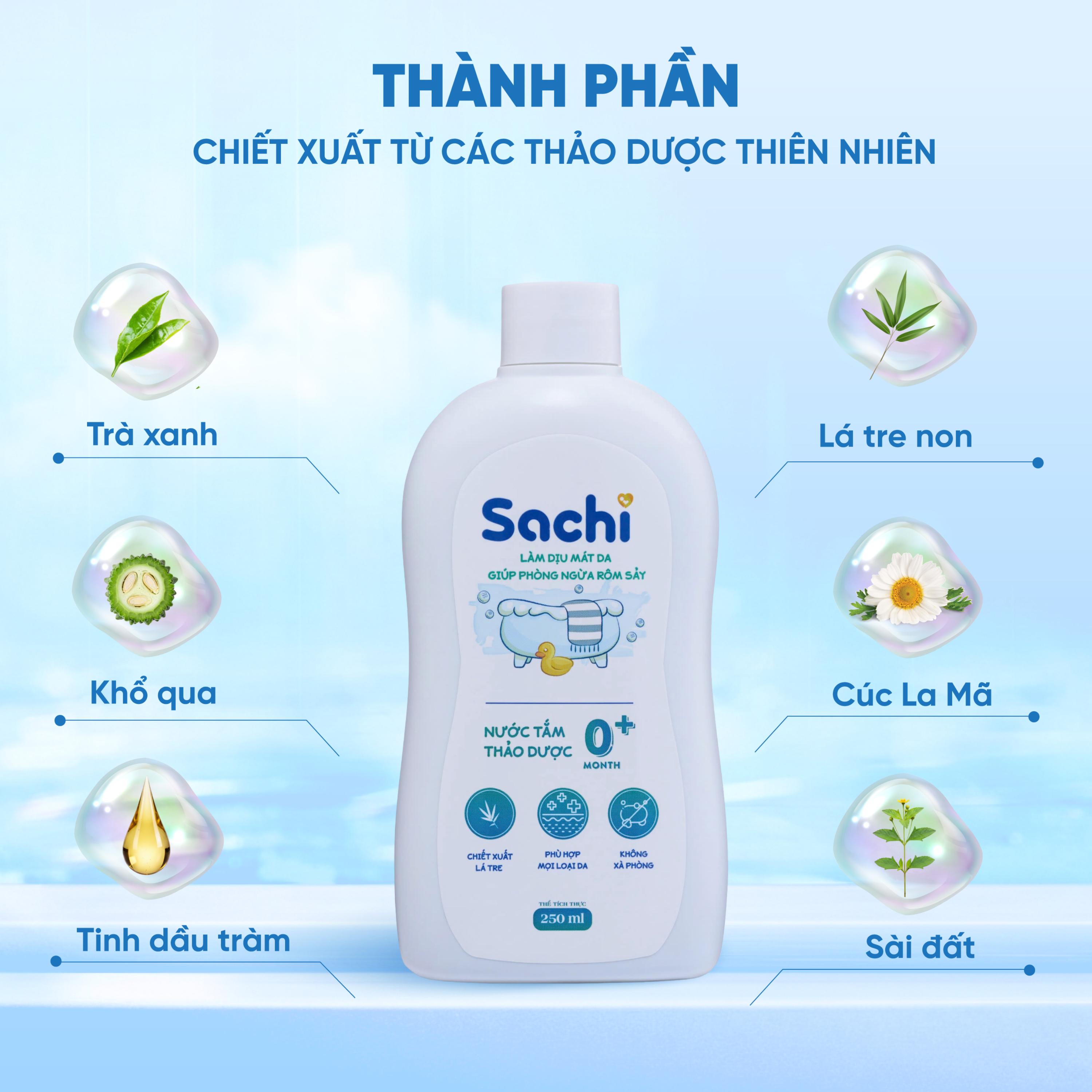 Nước tắm gội thảo dược cho bé Sachi Làm dịu mát da và phòng ngừa rôm sảy chai 250ml