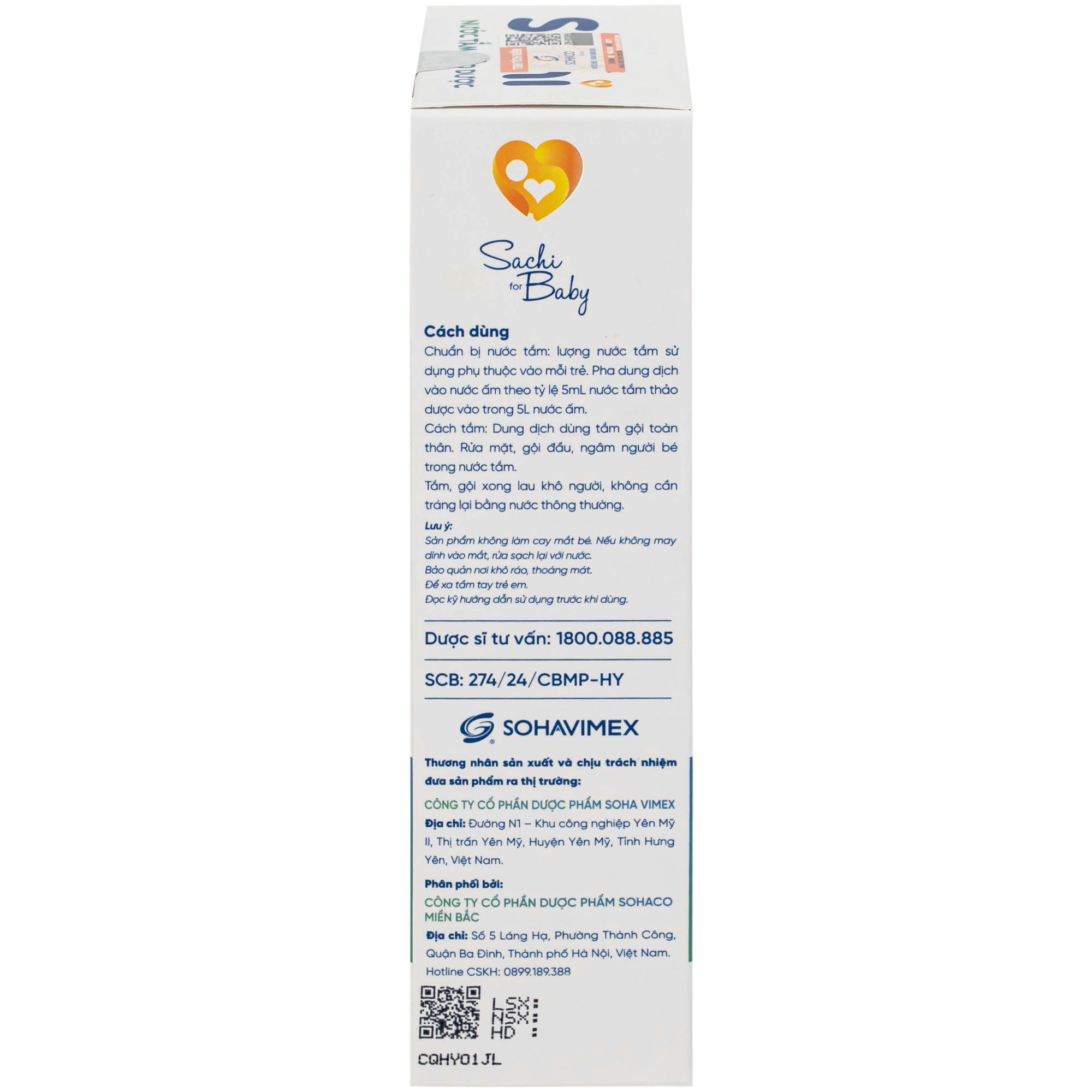 Nước tắm gội thảo dược cho bé Sachi Làm dịu mát da và phòng ngừa rôm sảy chai 250ml