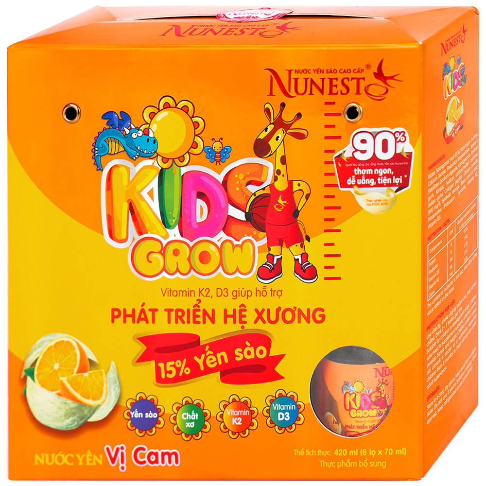 Nước Yến Sào Cao Cấp Cho Trẻ Em Nunest Kid Grow Vị Cam (6 hũ x 70ml)