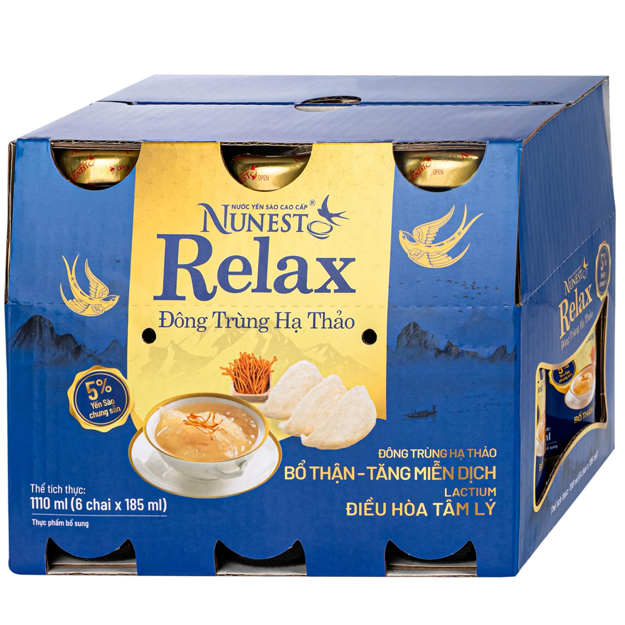Nước Yến Sào Cao Cấp Nunest Relax Đông Trùng Hạ Thảo 5% Yến (6 chai x 185ml)