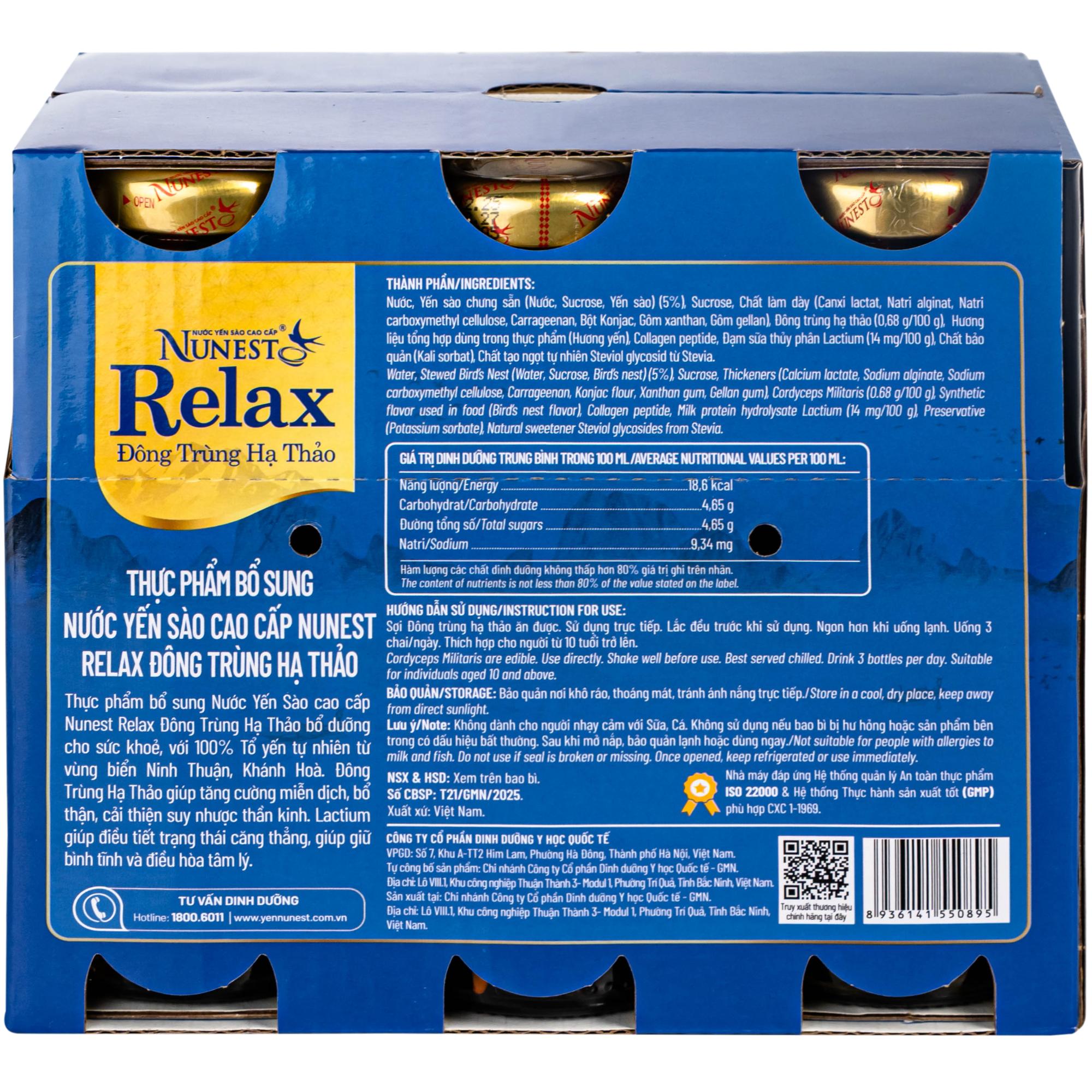 Nước Yến Sào Cao Cấp Nunest Relax Đông Trùng Hạ Thảo 5% Yến (6 chai x 185ml)