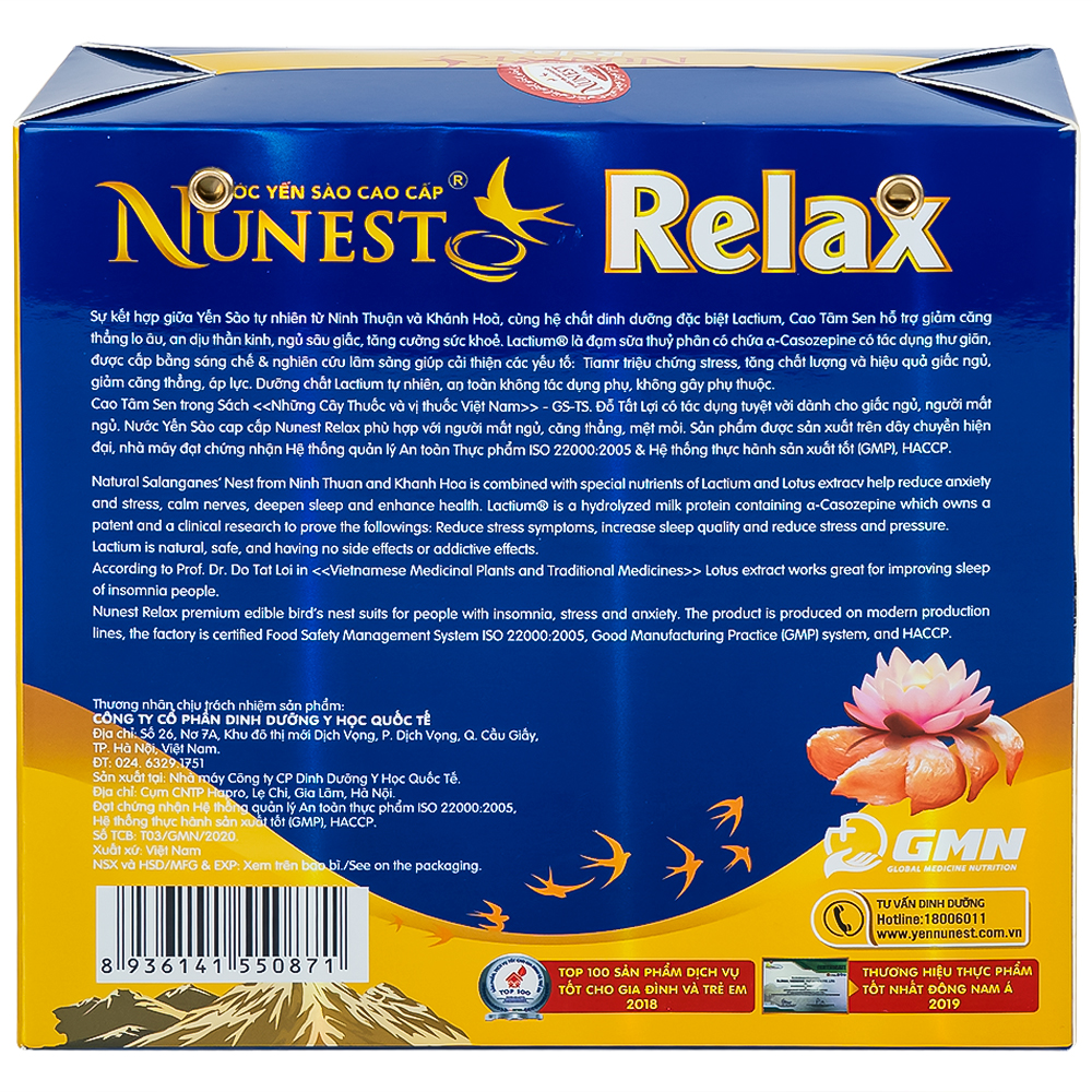 Nước Yến Sào Cao Cấp Nunest Relax - Ngủ Ngon, Giảm Căng Thẳng Mệt Mỏi (6 hũ x 70ml)