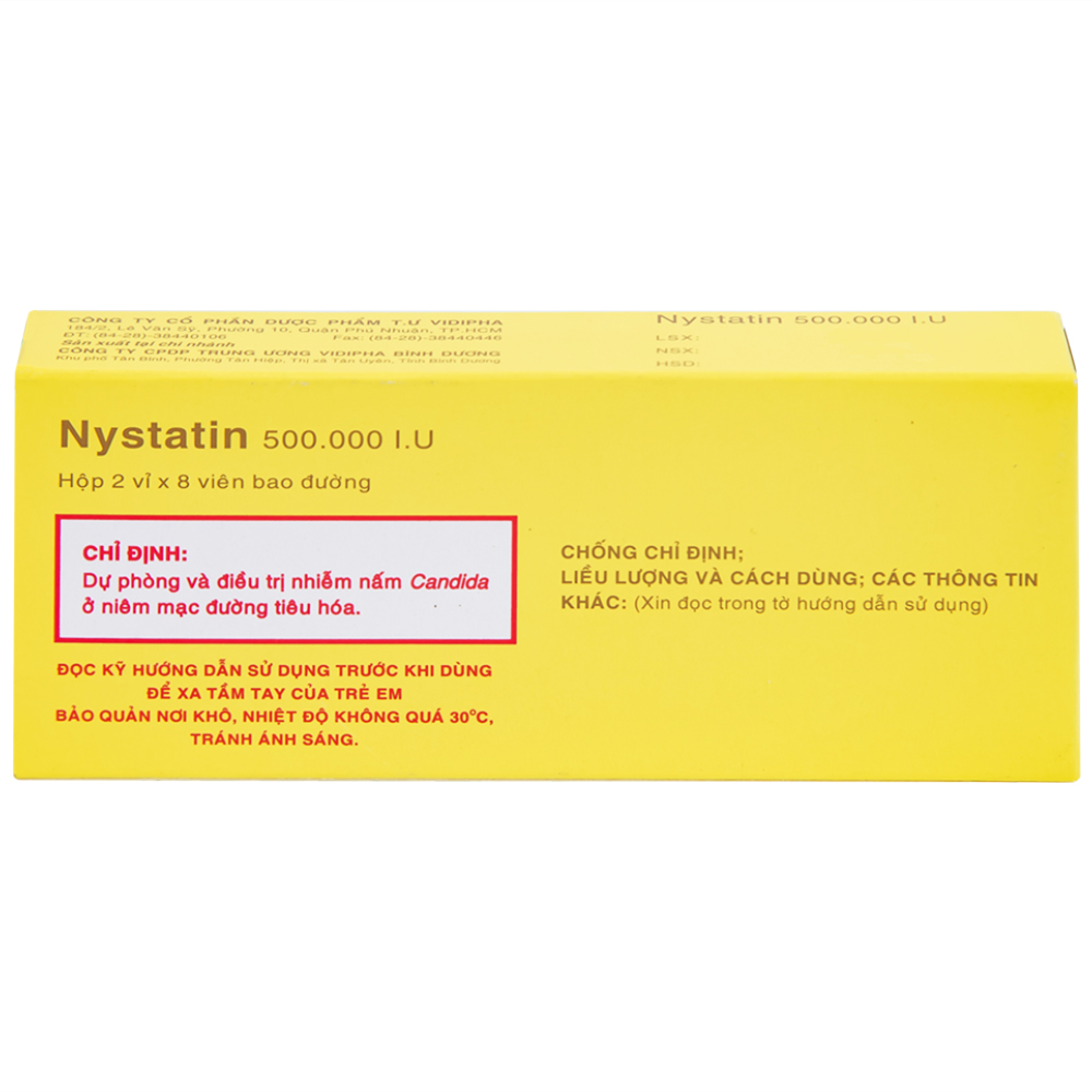 Thuốc Nystatin 500.000I.U Vidipha dự phòng và điều trị nhiễm nấm Candida (2 vỉ x 8 viên) 