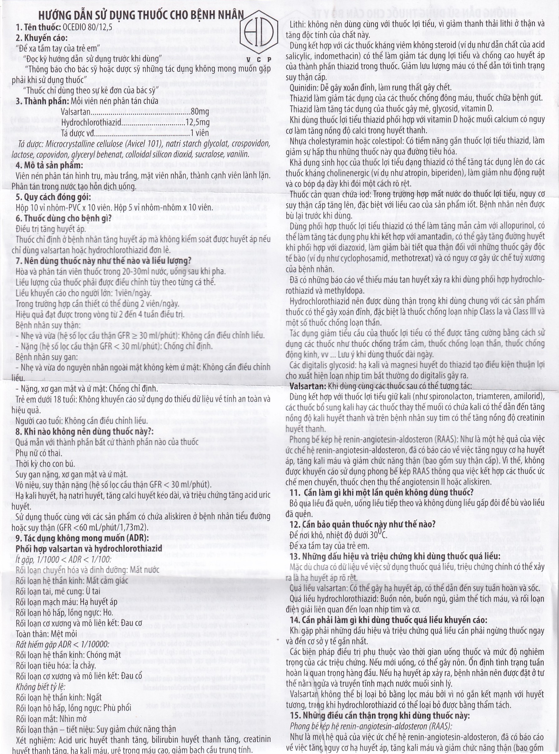 Thuốc Ocedio 80/12,5 VCP điều trị cao huyết áp (5 vỉ x 10 viên)