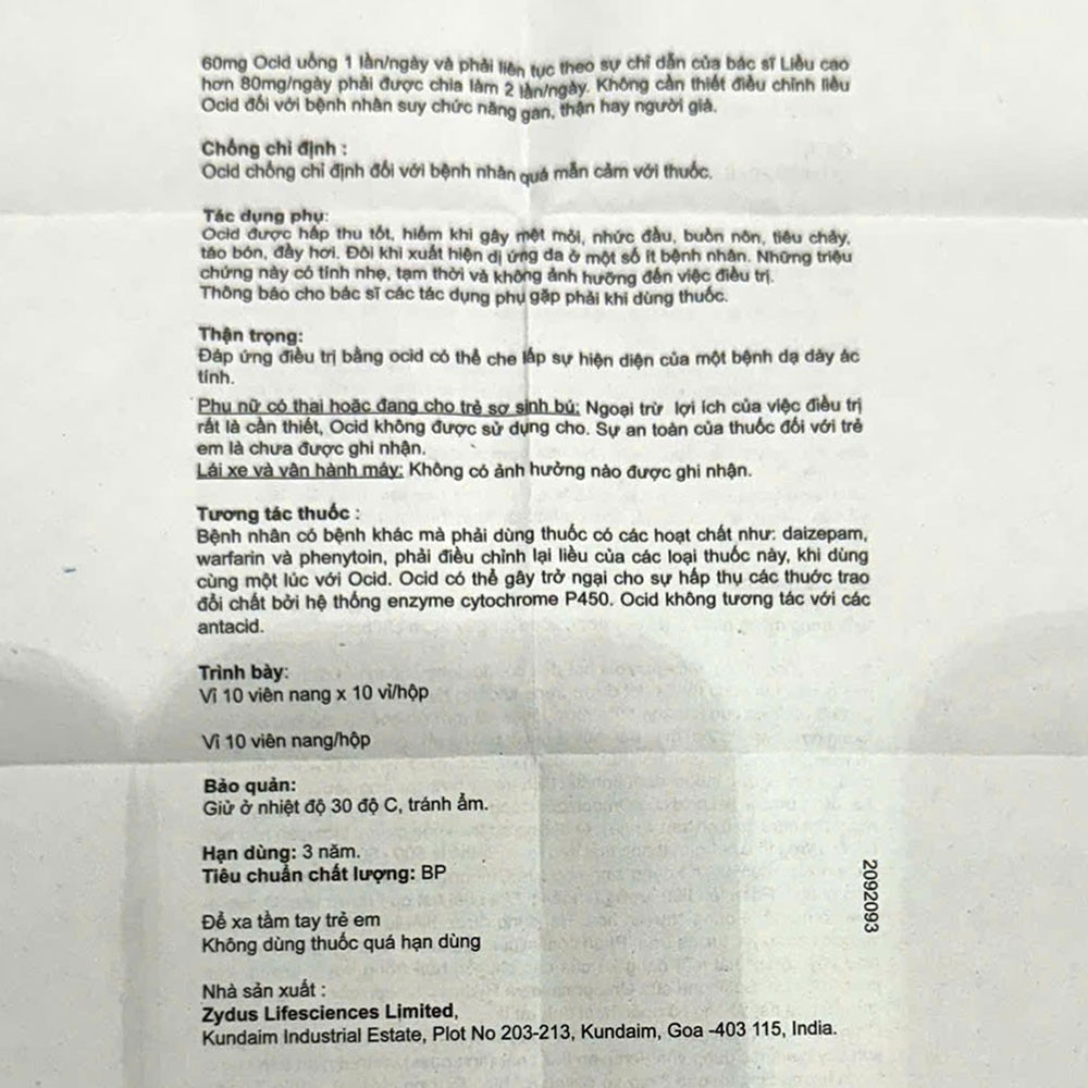 Thuốc Ocid 20mg Zydus điều trị loét tá tràng, loét dạ dày (10 vỉ x 10 viên)