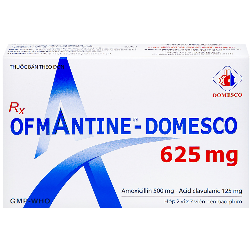 Thuốc Ofmantine Domesco 625mg điều trị nhiễm khuẩn đường hô hấp, đường tiết niệu - sinh dục (2 vỉ x 7 viên)