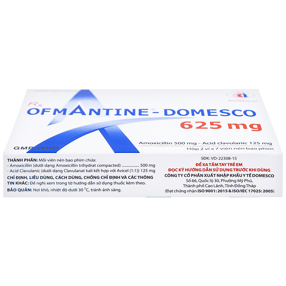 Thuốc Ofmantine Domesco 625mg điều trị nhiễm khuẩn đường hô hấp, đường tiết niệu - sinh dục (2 vỉ x 7 viên)