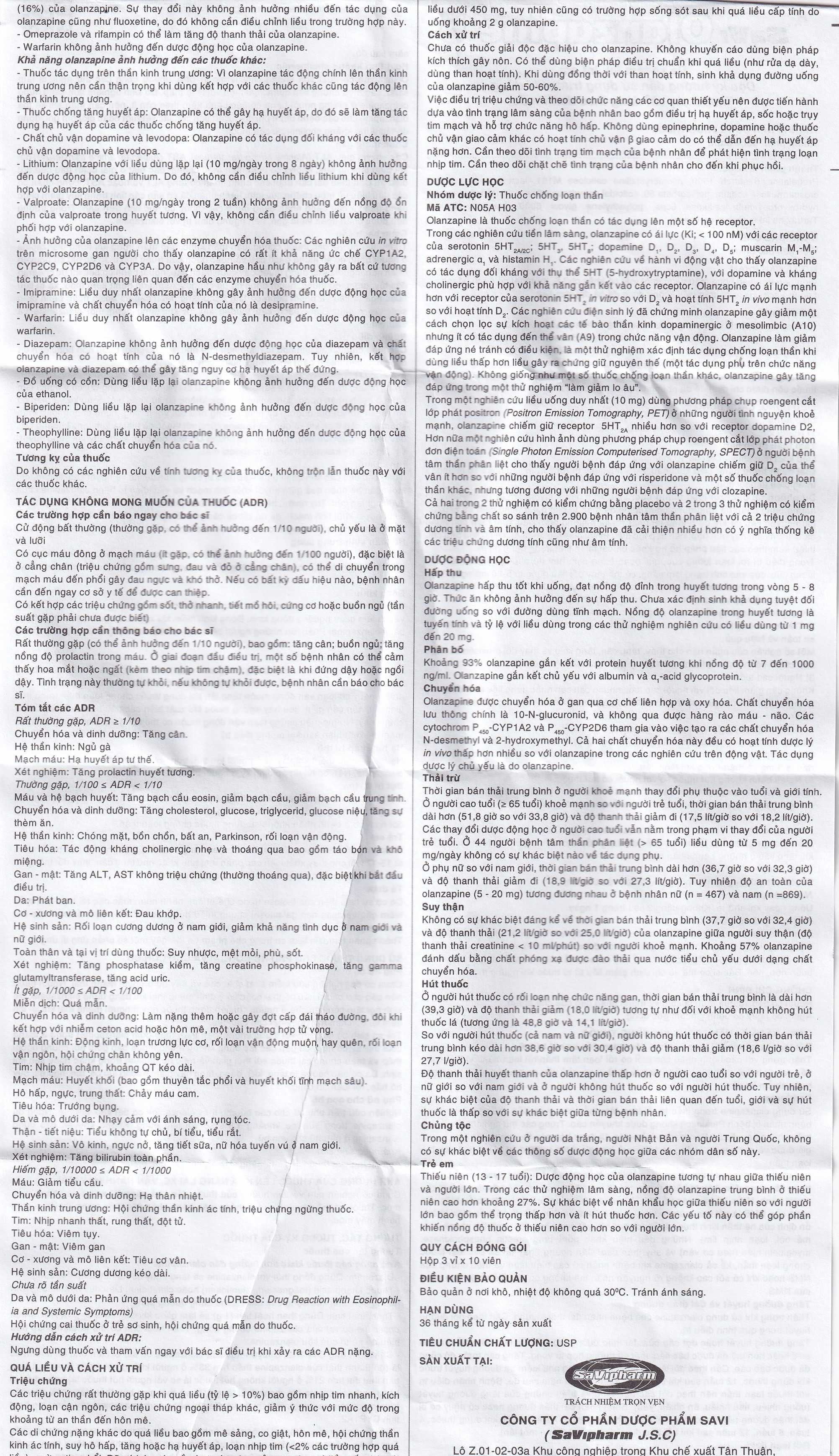 Thuốc Savi Olanzapine 5 điều trị bệnh tâm thần phân liệt (3 vỉ x 10 viên) 
