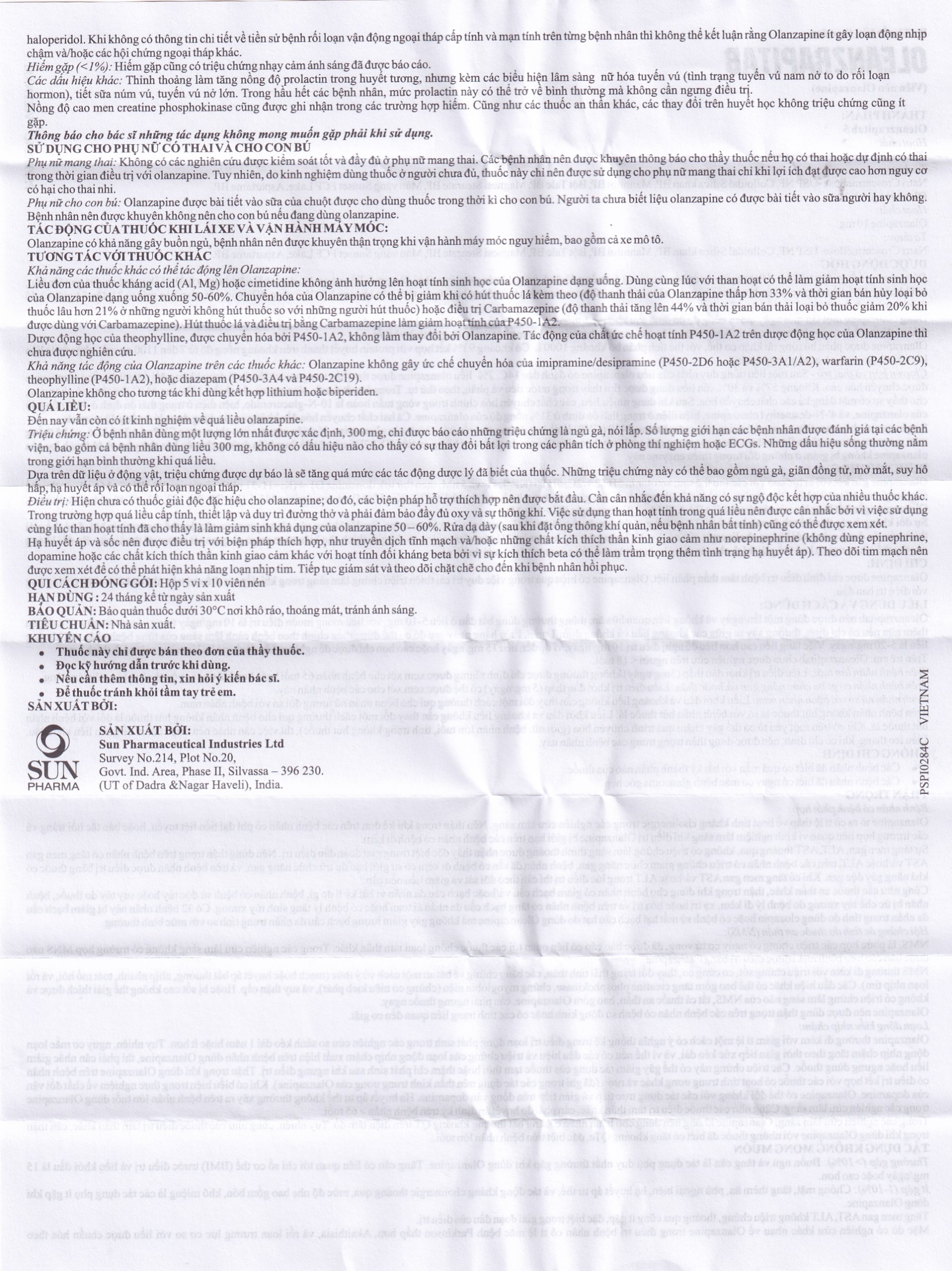 Viên nén Oleanzrapitab 10 Sun Pharma điều trị tâm thần phân liệt (5 vỉ x 10 viên)