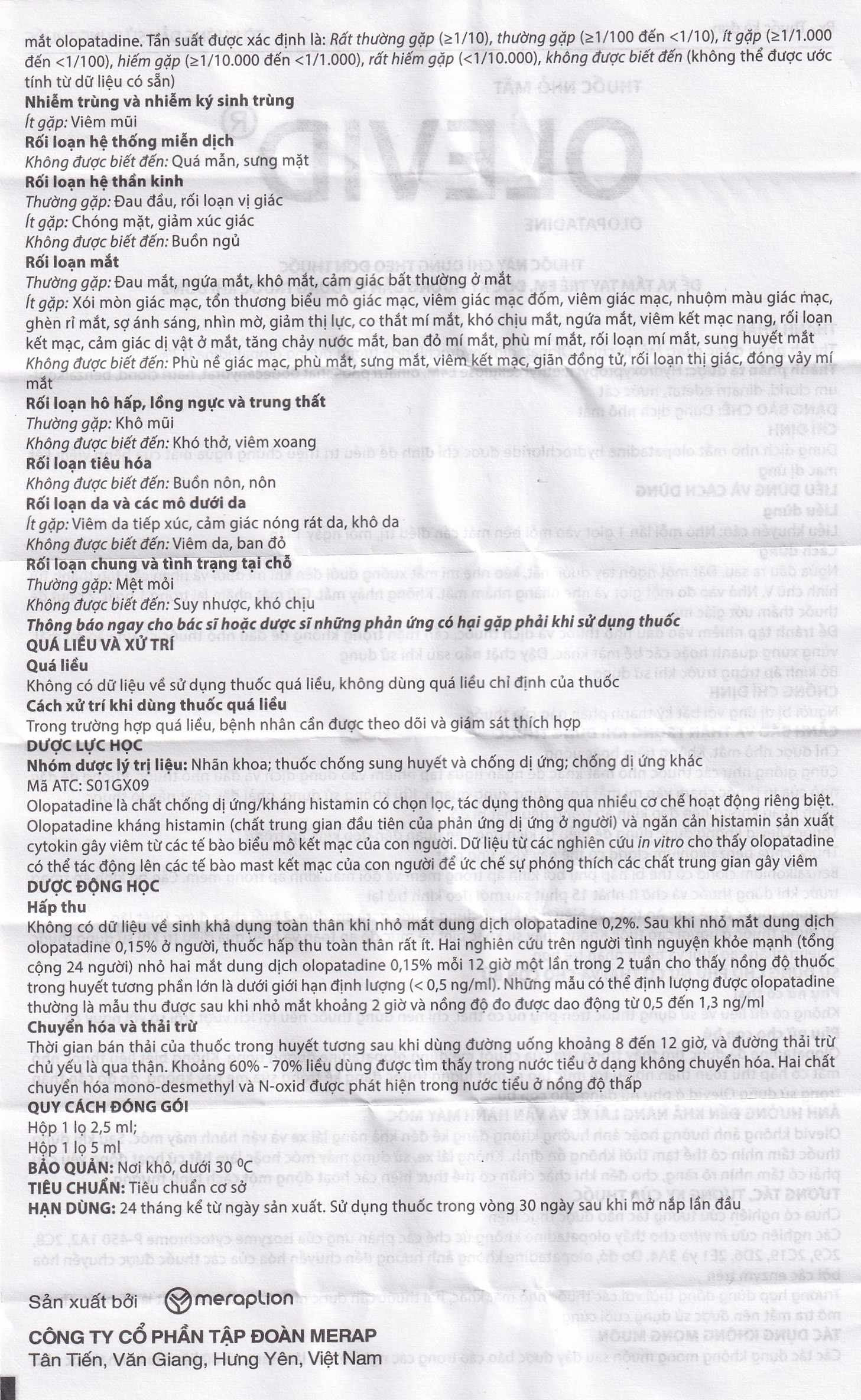 Thuốc nhỏ mắt Olevid Olopatadine 5ml Merap điều trị triệu chứng ngứa mắt của bệnh viêm kết mạc dị ứng