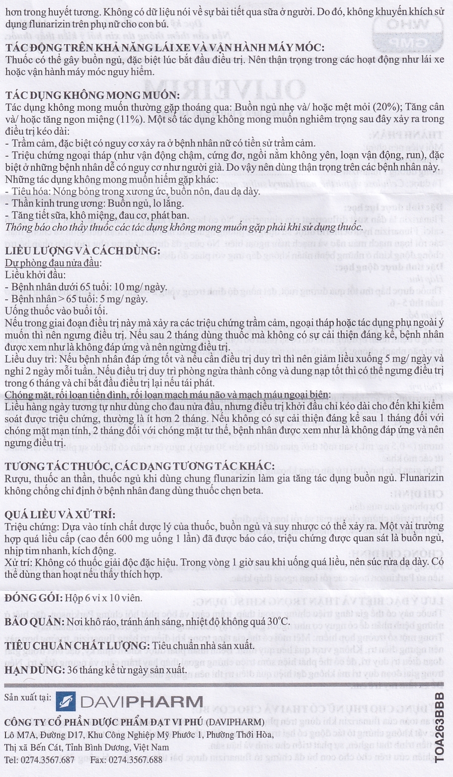 Viên nén Oliveirim 10mg DaViPharm dự phòng đau nửa đầu, điều trị chứng chóng mặt (6 vỉ x 10 viên) 