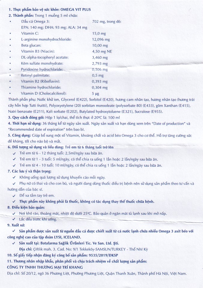 Siro bổ não Omega Vit Plus+ Botafarma (100ml)