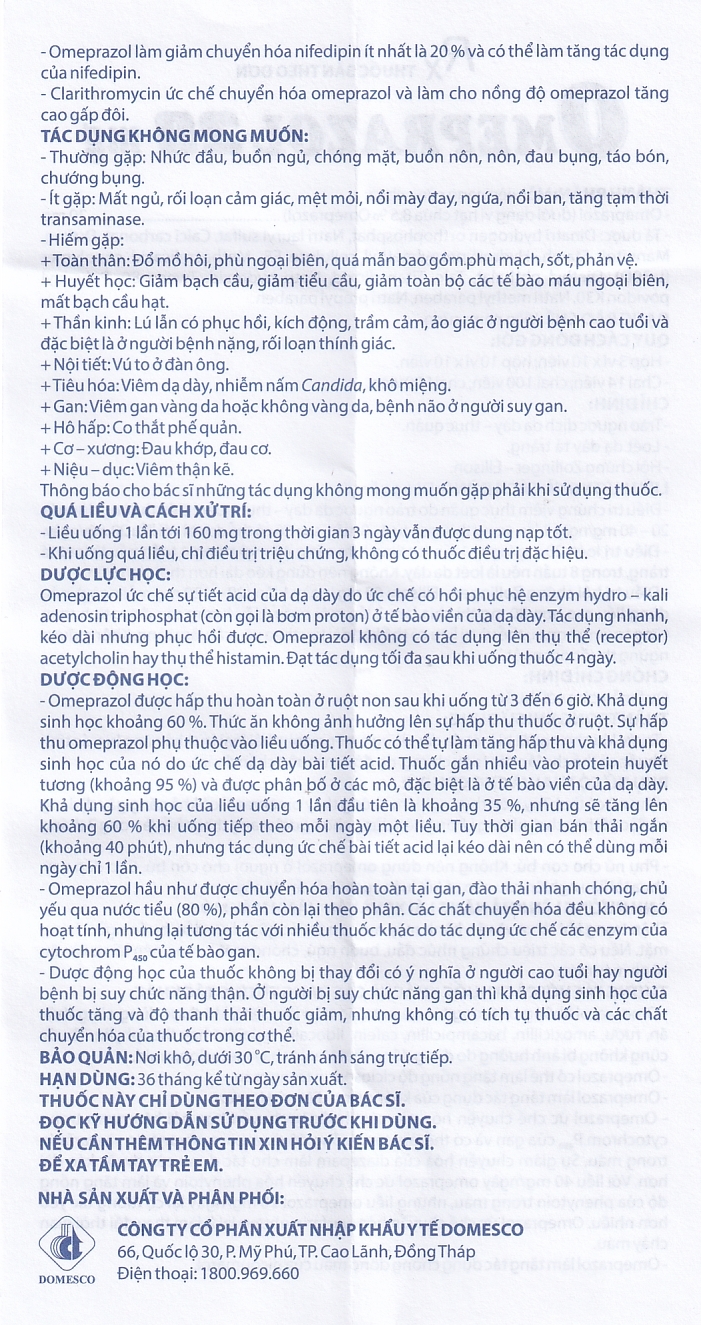 Viên nang cứng Omeprazol 20mg Domesco điều trị trào ngược dạ dày - thực quản (10 vỉ x 10 viên)