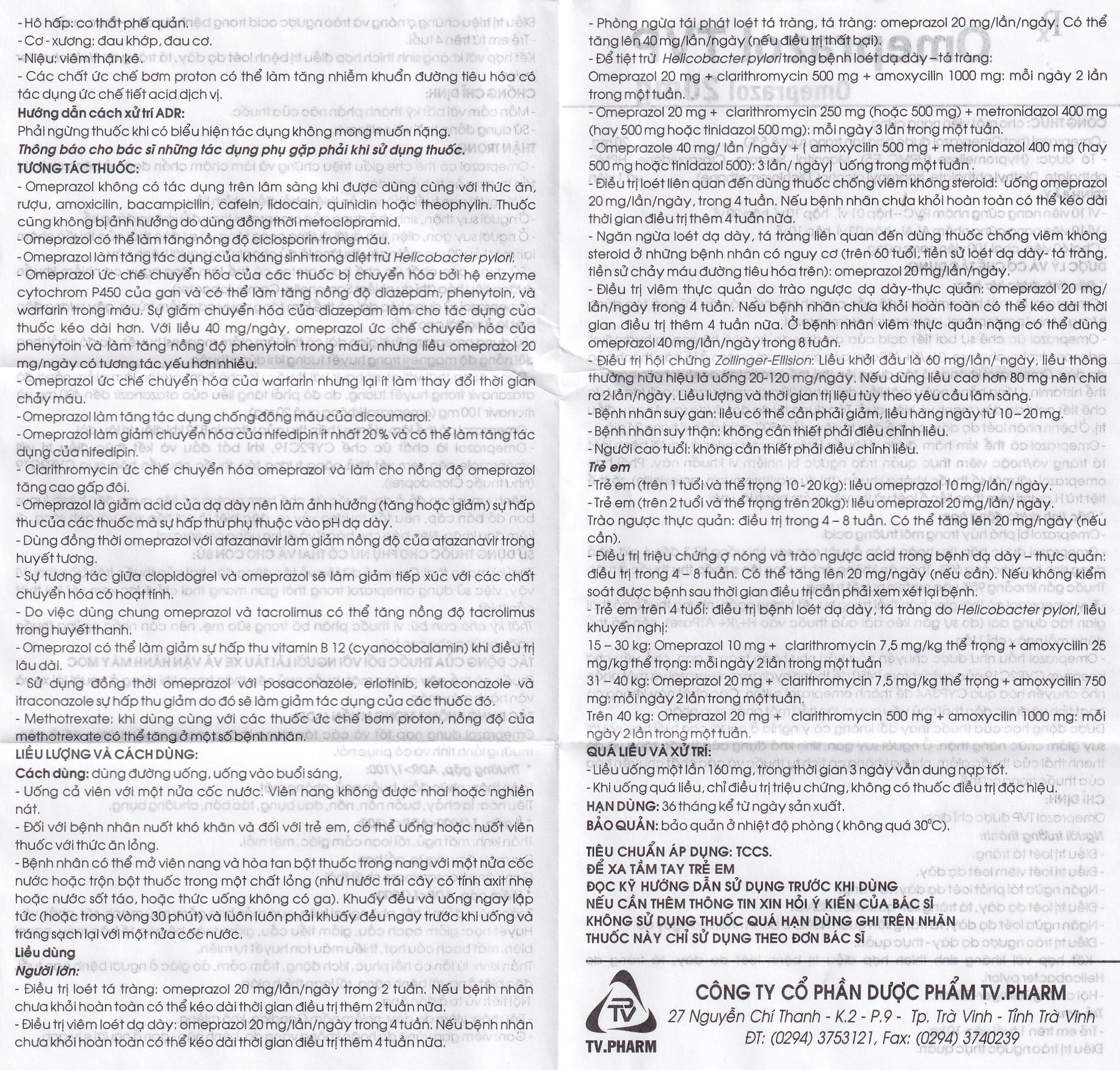 Viên nang cứng Omeprazol TVP 20mg điều trị loét tá tràng, viêm loét dạ dày (3 vỉ x 10 viên) 